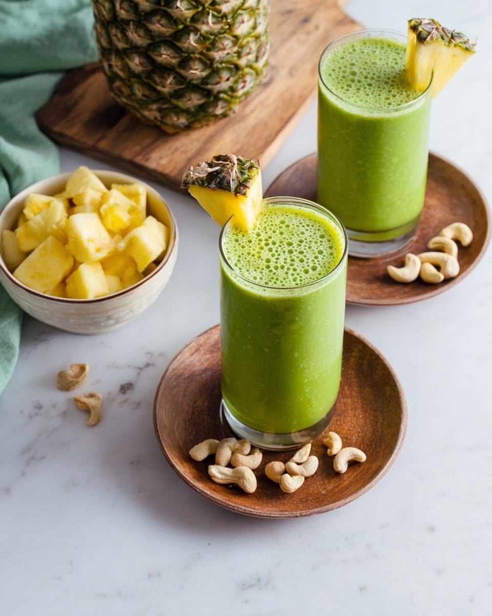 The image shows a tall clear glass filled with a smooth green smoothie, garnished with a small triangular yellow pineapple slice on the rim. The glass sits on a round wooden plate placed on a white marbled surface. Around the glass, there are scattered cashew nuts, a blue bowl filled with pineapple chunks, and a whole pineapple in the blurred background. Another similar glass of green smoothie with a pineapple garnish is partly visible in the background. The scene is bright and fresh. photo taken with an iphone --ar 4:5 --v 7