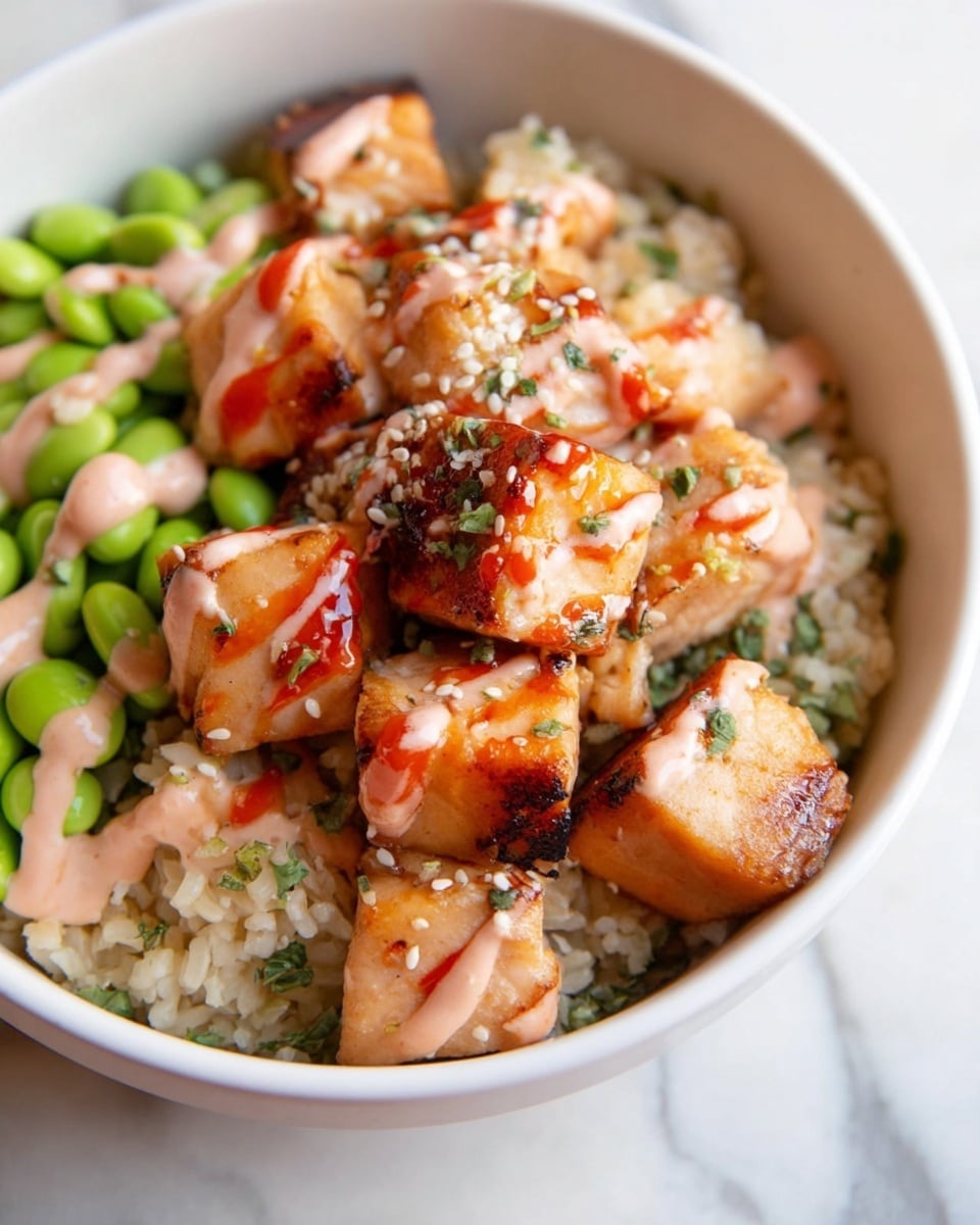 A white bowl filled with three layers: the bottom layer is light brown rice with a soft texture, the middle layer features bright green edamame beans scattered evenly, and the top layer consists of golden-brown grilled salmon cubes with slight charring and caramelized edges. The salmon pieces are drizzled with a light pink creamy sauce and a thin red sauce, sprinkled with white sesame seeds and small green herb bits, all arranged neatly to show fresh, vibrant colors on a white marbled surface. Photo taken with an iphone --ar 4:5 --v 7