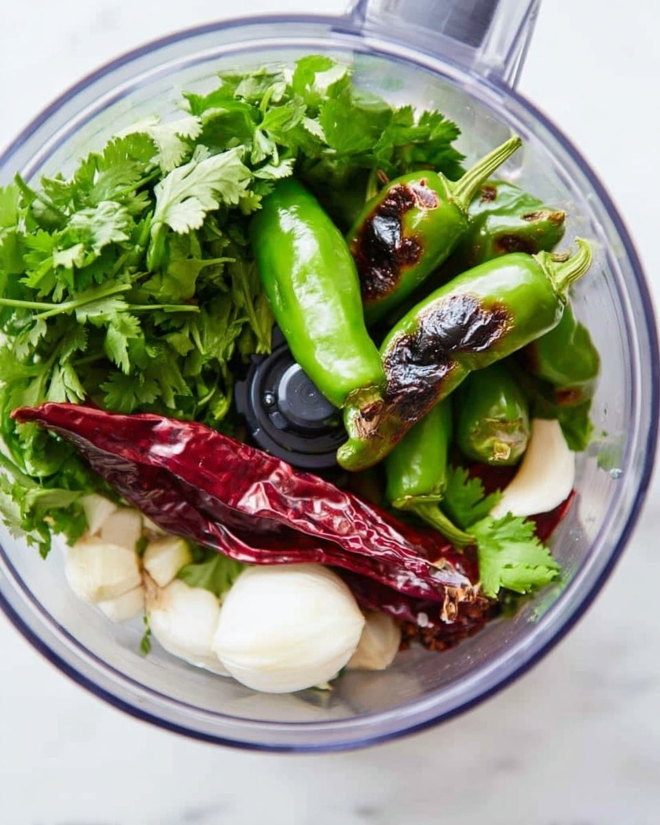 A clear glass jar filled to the top with chunky red and orange salsa, showing bits of green herbs and pieces of roasted red peppers mixed in. The salsa has a moist texture with visible small seeds and herbs scattered throughout. The jar is placed on a round wooden plate, with a few green herb sprigs resting beside it, all set on a white marbled surface. The background is softly blurred with green leaves adding a fresh touch to the scene. photo taken with an iphone --ar 4:5 --v 7