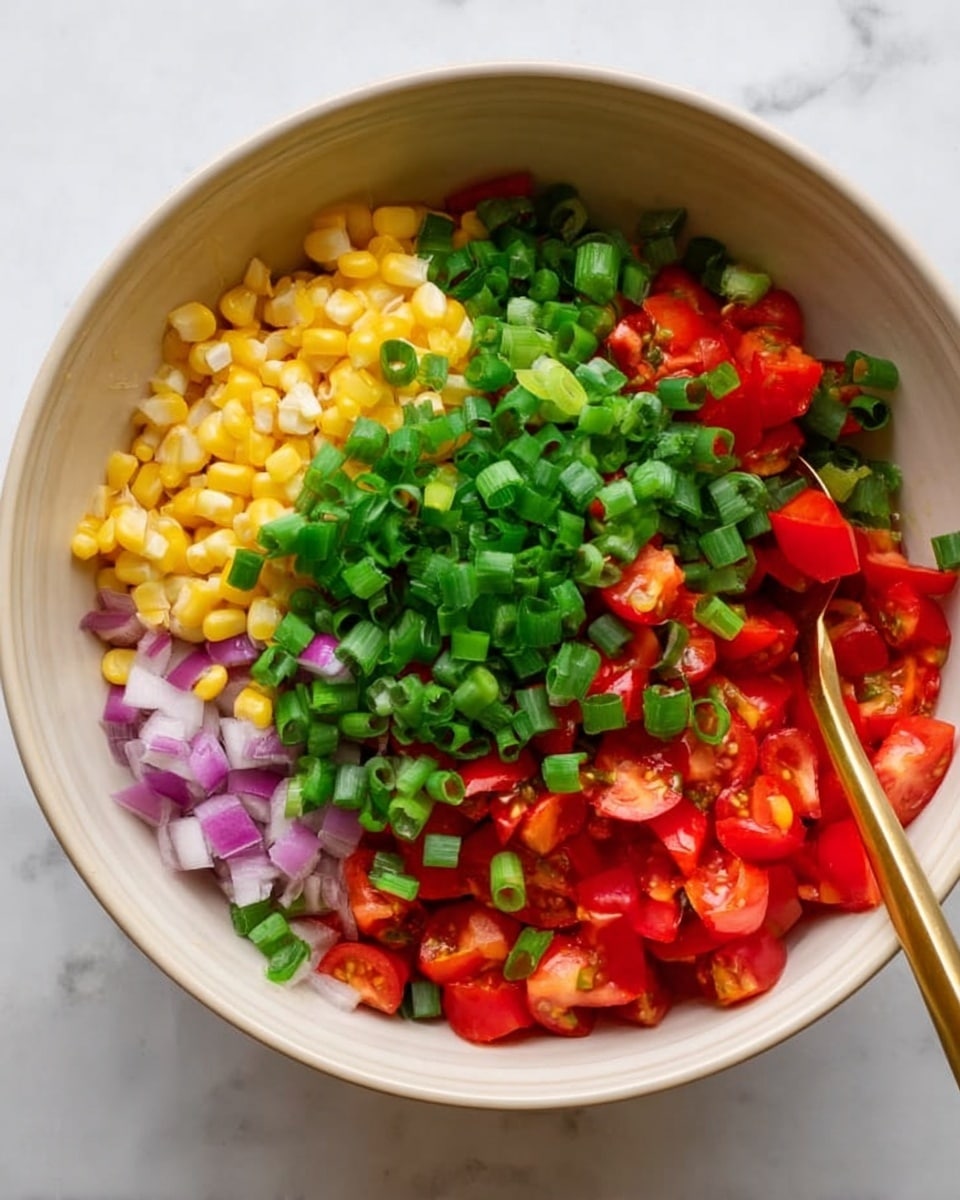 A close-up view inside a light green bowl filled with a colorful mix of ingredients layered together, including black beans as the main dark layer, bright yellow corn kernels scattered throughout, chopped red bell peppers, halved red cherry tomatoes, green chopped spring onions, and small pieces of purple onion, all mixed evenly creating a vibrant, fresh salad. The bowl is partly shown with textured edges, sitting against a white marbled surface. photo taken with an iphone --ar 4:5 --v 7