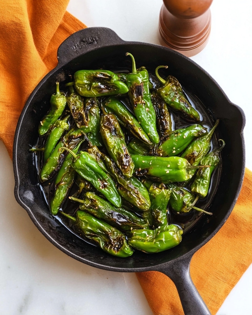 A cast iron pan filled with shiny, blistered green peppers, some with charred spots and slight wrinkles, showing they are cooked. The peppers are spread out inside the pan, with shiny oil and small bits of seasoning visible between them. The pan rests on a white marbled surface with an orange cloth nearby and a brown pepper grinder at the top. Photo taken with an iphone --ar 4:5 --v 7