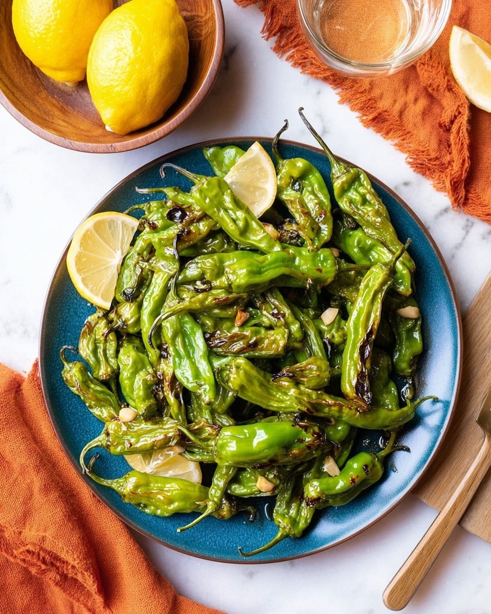 A blue plate is filled with many cooked green shishito peppers, some slightly browned, scattered with small bits of garlic. The peppers are piled in a loose layer covering the plate, with two thin lemon slices placed at the edge underneath the peppers. To the top left, a wooden bowl holds two lemon halves. A glass and an orange cloth napkin lie on a white marbled surface. photo taken with an iphone --ar 4:5 --v 7