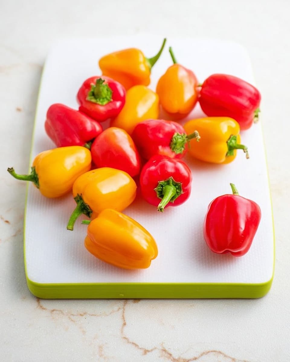 The image shows many pieces of small bell peppers, each cut in half and filled with a creamy cheese topping that is browned and bubbly on top. The peppers are in red and yellow colors, with some toasted edges from cooking. The cheese layer is thick, golden, and slightly crisp, with small bits of green onion sprinkled on top. The pieces are placed closely together on a white plate, set on a white marbled surface. photo taken with an iphone --ar 4:5 --v 7