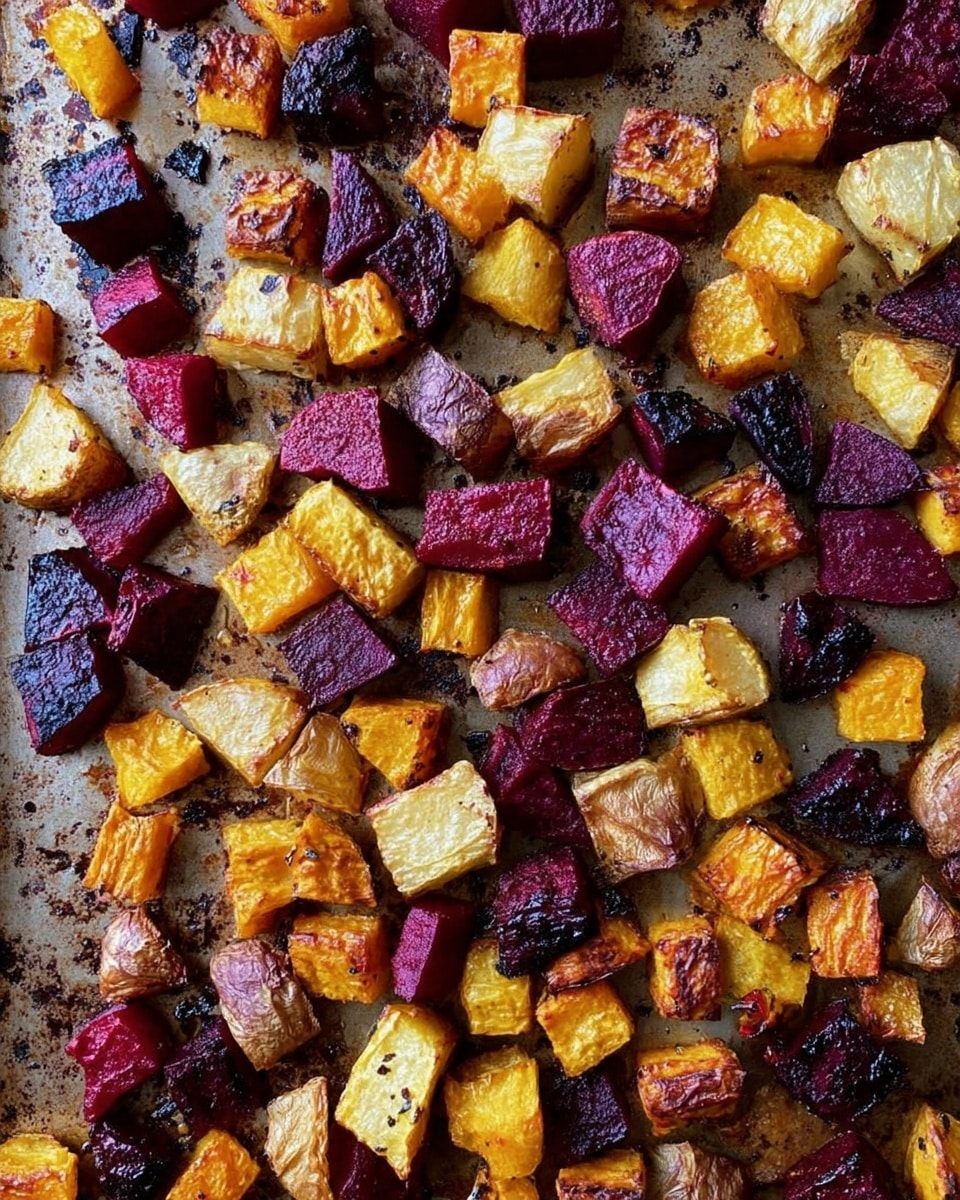 The image shows several pieces of toasted bread arranged on a wooden surface. Each slice has three layers: the bottom is the golden-brown toasted bread, the middle is a creamy white cheese spread, and the top layer consists of small roasted vegetable cubes in deep red, orange, and purple colors. Some pieces are garnished with a fresh small green leaf, and there are dark balsamic glaze drizzles both on the toast and the wooden surface. The focus is on the front piece with the other pieces softly blurred in the background. The photo taken with an iphone --ar 4:5 --v 7