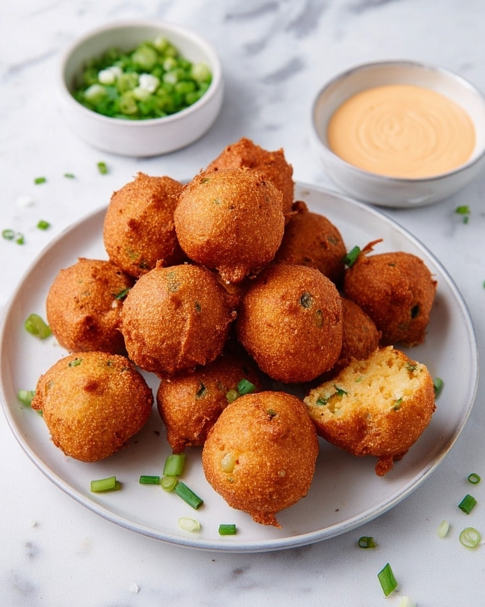 A white frying pan filled with hot oil bubbles, frying seven golden brown round balls with small green bits visible on their surface. A pair of silver tongs is holding one of the balls halfway out of the oil. The pan sits on a black stove top, and the background is a white marbled texture. The golden balls have a crispy and textured outside layer. photo taken with an iphone --ar 4:5 --v 7