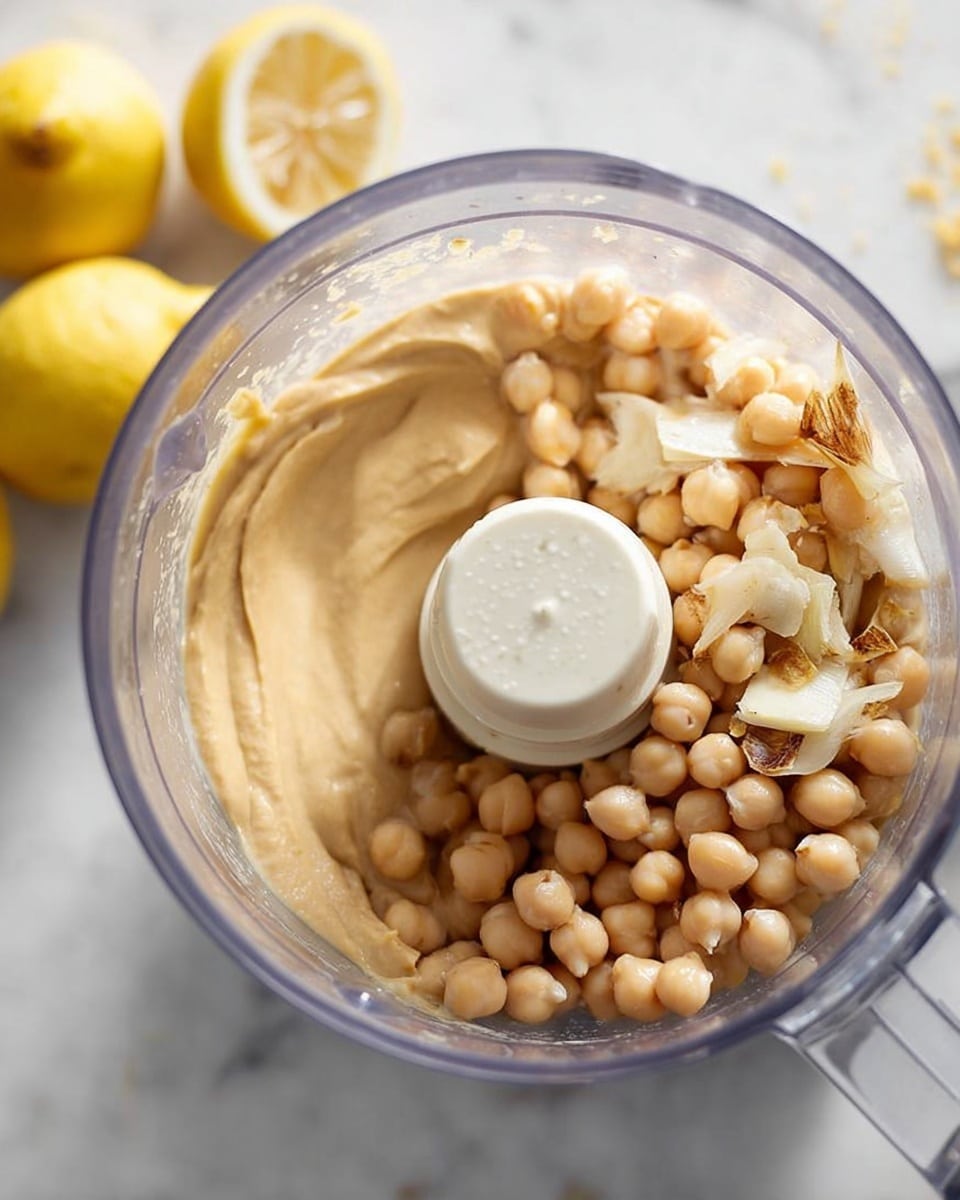 A white bowl filled with smooth, creamy hummus forms the main layer, swirled in the center with a gentle spiral. The hummus is topped with a ring of golden olive oil that pools slightly in the middle. Scattered over the oil are small, light pine nuts and green chopped herbs, adding texture and fresh color contrast. There are also small pieces of roasted nuts, giving a mix of light brown and green shades. The bowl is set on a round wooden board with a white marbled surface underneath, and half a yellow lemon is placed nearby. The overall scene feels fresh and inviting, with a mustard-colored cloth adding warmth below the board. Photo taken with an iphone --ar 4:5 --v 7