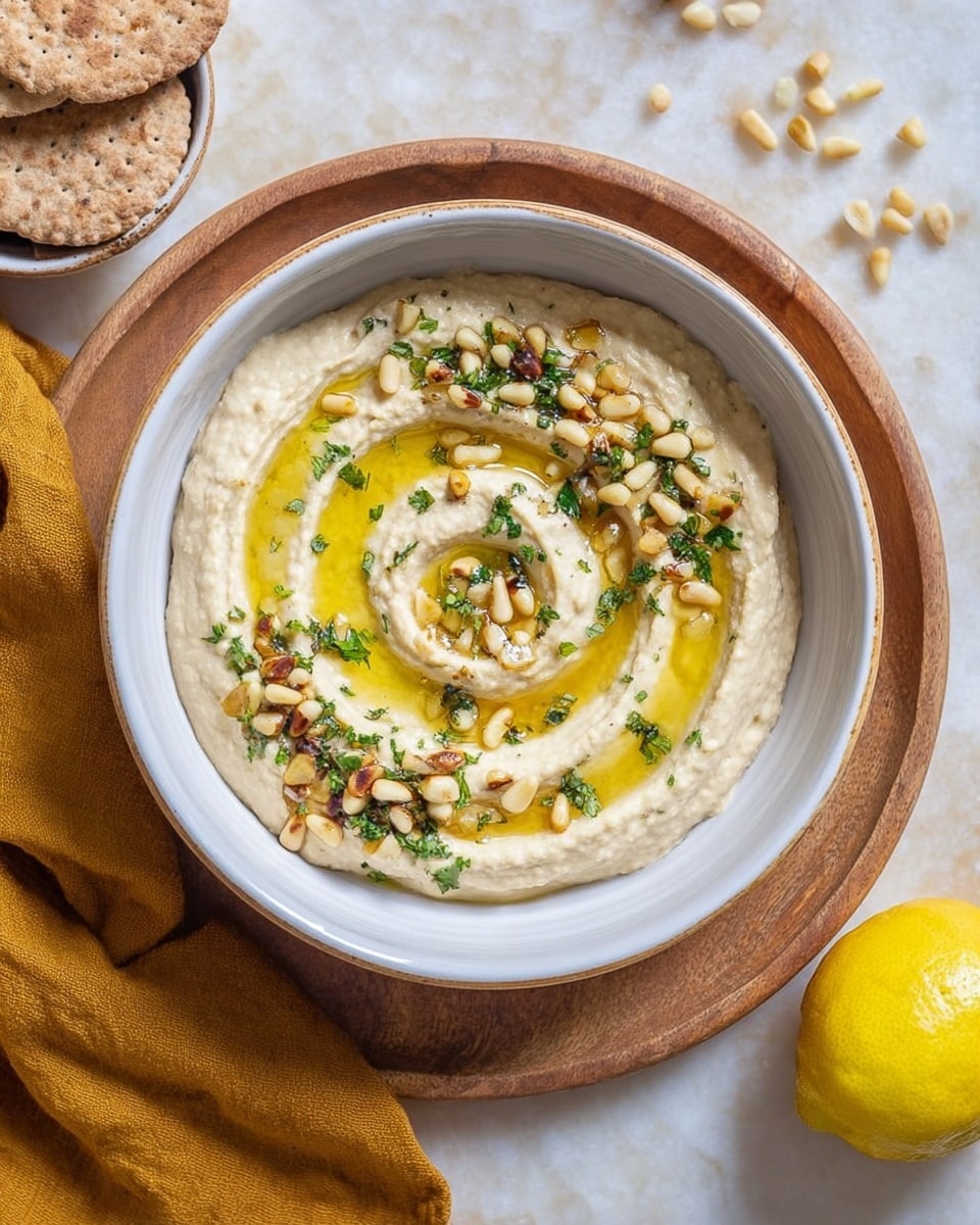A close-up of a bowl filled with a creamy layer of beige hummus spread evenly across the bottom, topped by a smaller mound of slightly thicker hummus in the center. The hummus is drizzled with bright golden olive oil pooling around the smaller mound. On top of the hummus, a mix of green pistachios, white pine nuts, and small bits of fresh green parsley are scattered, giving a crunchy and fresh texture contrast. Small specks of dark ground spice are sprinkled lightly over the top. The bowl is white with a simple, slightly rounded edge, set against a white marbled surface. Photo taken with an iphone --ar 4:5 --v 7