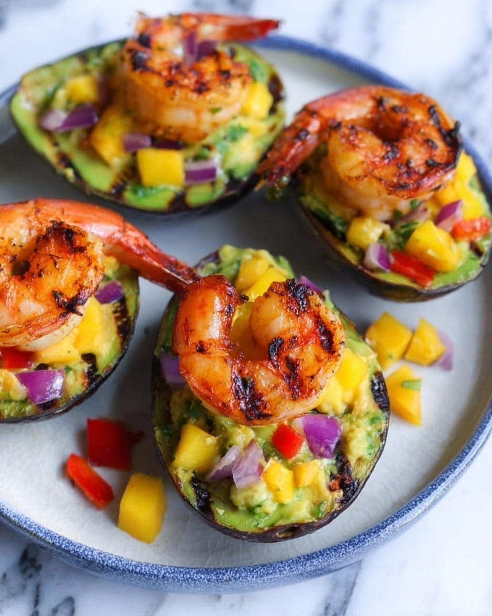The image shows four grilled avocado halves placed on a white plate with a blue rim, sitting on a white marbled surface. Each avocado half has dark grill marks on the outside green skin and is filled with bright yellow mango chunks mixed with small pieces of red bell pepper and red onion. On top of each filled avocado half, there are two grilled shrimp with a slightly charred, orange-pink color and grill marks, arranged so their tails are curled upward. Scattered pieces of mango and diced red bell pepper add extra color around the plate. The photo is taken closely, showing texture and vibrant colors clearly, photo taken with an iphone --ar 4:5 --v 7