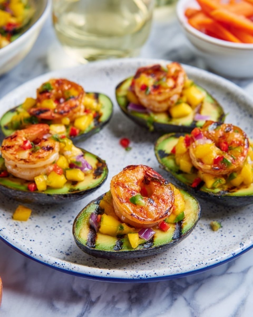 The image shows five avocado halves arranged on a white speckled plate with a blue rim, placed on a white marbled surface. Each avocado half has a grill mark texture on its green flesh, topped with a small mound of bright yellow mango cubes and finely chopped red chili pieces. On top of each pile sits a grilled shrimp with a slightly charred, orange and pink shell, adding a smoky texture and vibrant color contrast. The background includes a blurred glass of liquid and another white bowl with carrots. The overall look is fresh and colorful with a light, summery feel. photo taken with an iphone --ar 4:5 --v 7