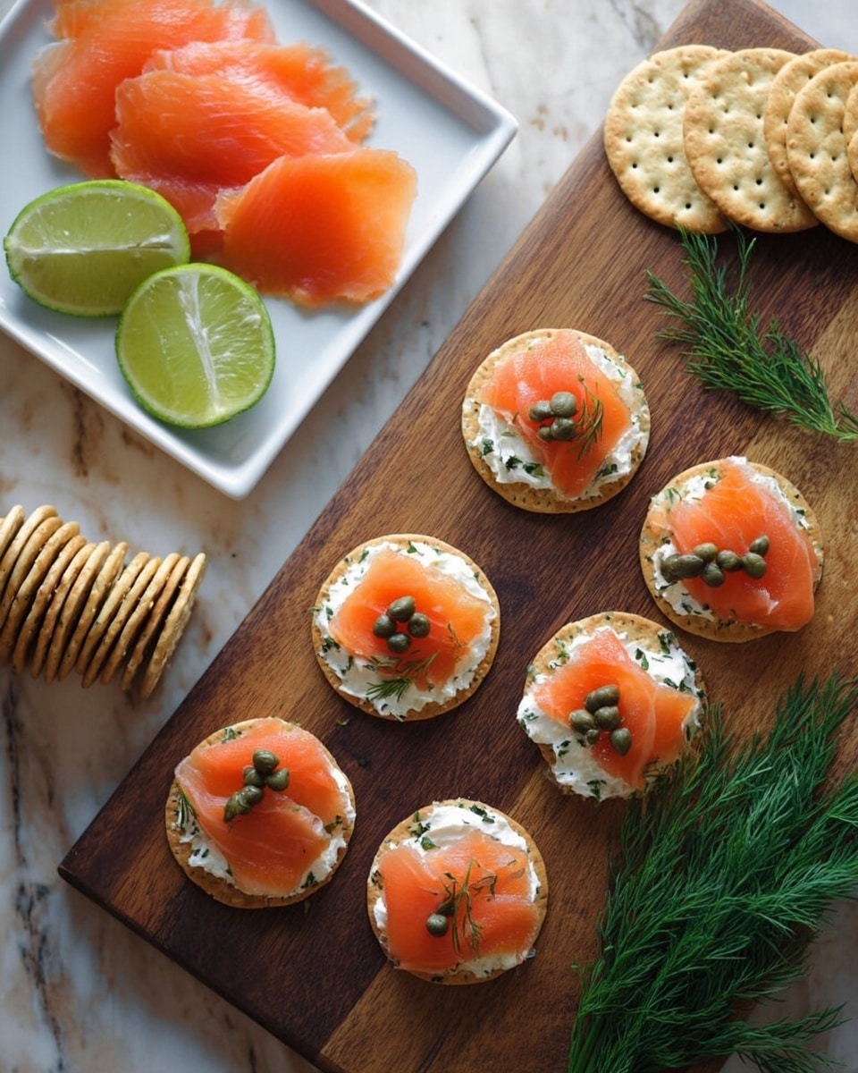 Four round crackers with visible seeds form the base, each topped with a white, creamy cottage cheese layer that has a soft and slightly chunky texture. On top of the cottage cheese is a bright orange slice of smoked salmon that looks smooth and slightly shiny. Each salmon slice is adorned with a small sprig of fresh green dill that adds a touch of texture and color contrast. The crackers are placed on a wooden board, set against a white marbled surface in soft, natural light. photo taken with an iphone --ar 4:5 --v 7