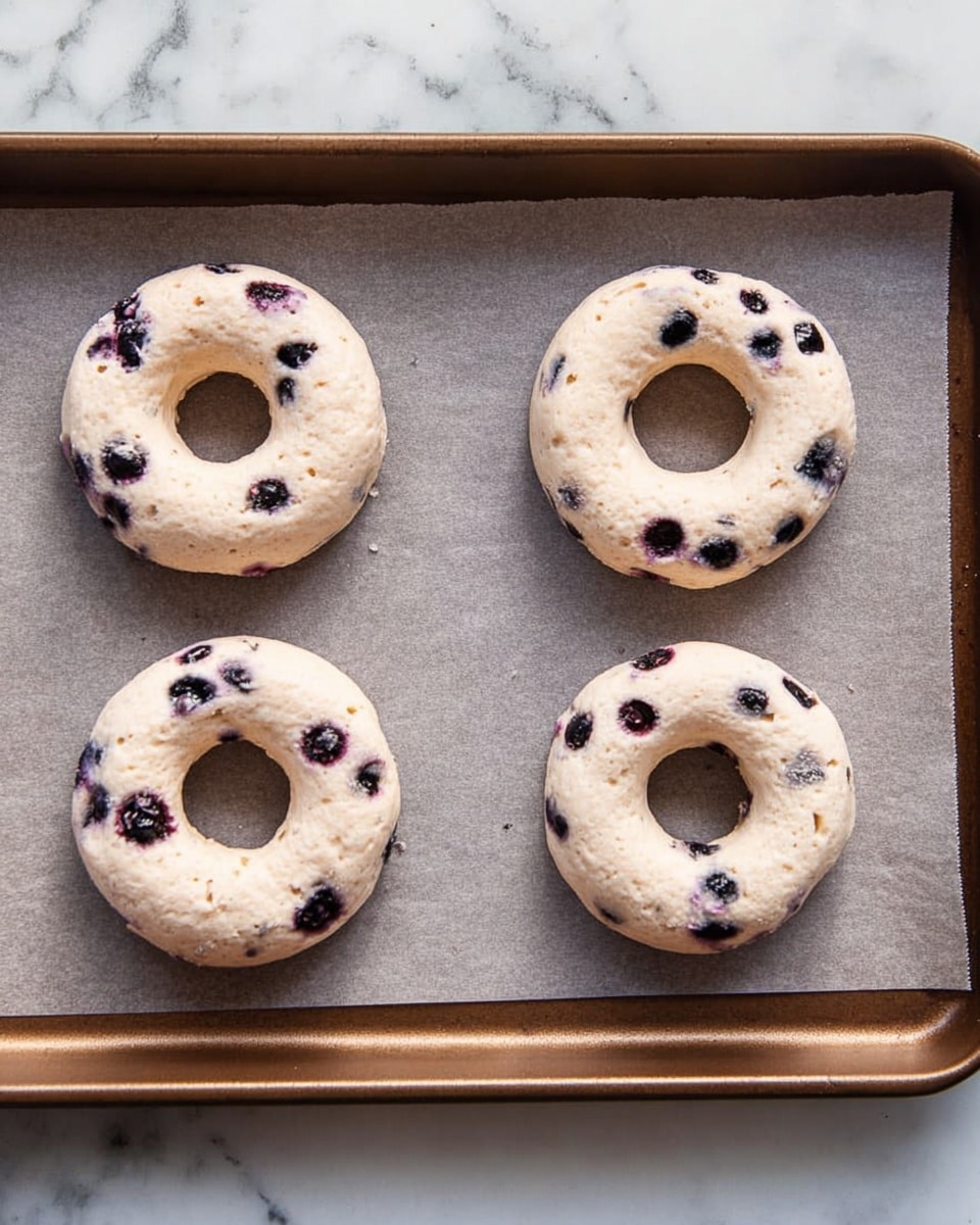 There are four raw doughnut-shaped pieces on a brown baking tray lined with parchment paper, each doughnut is light beige in color with small dark purple blueberries scattered throughout the dough, showing a soft and slightly rough texture. The doughnuts are evenly spaced, with two at the top and two at the bottom, with the top right doughnut being slightly larger than the others. The tray sits on a surface with a white marbled texture. Photo taken with an iphone --ar 4:5 --v 7