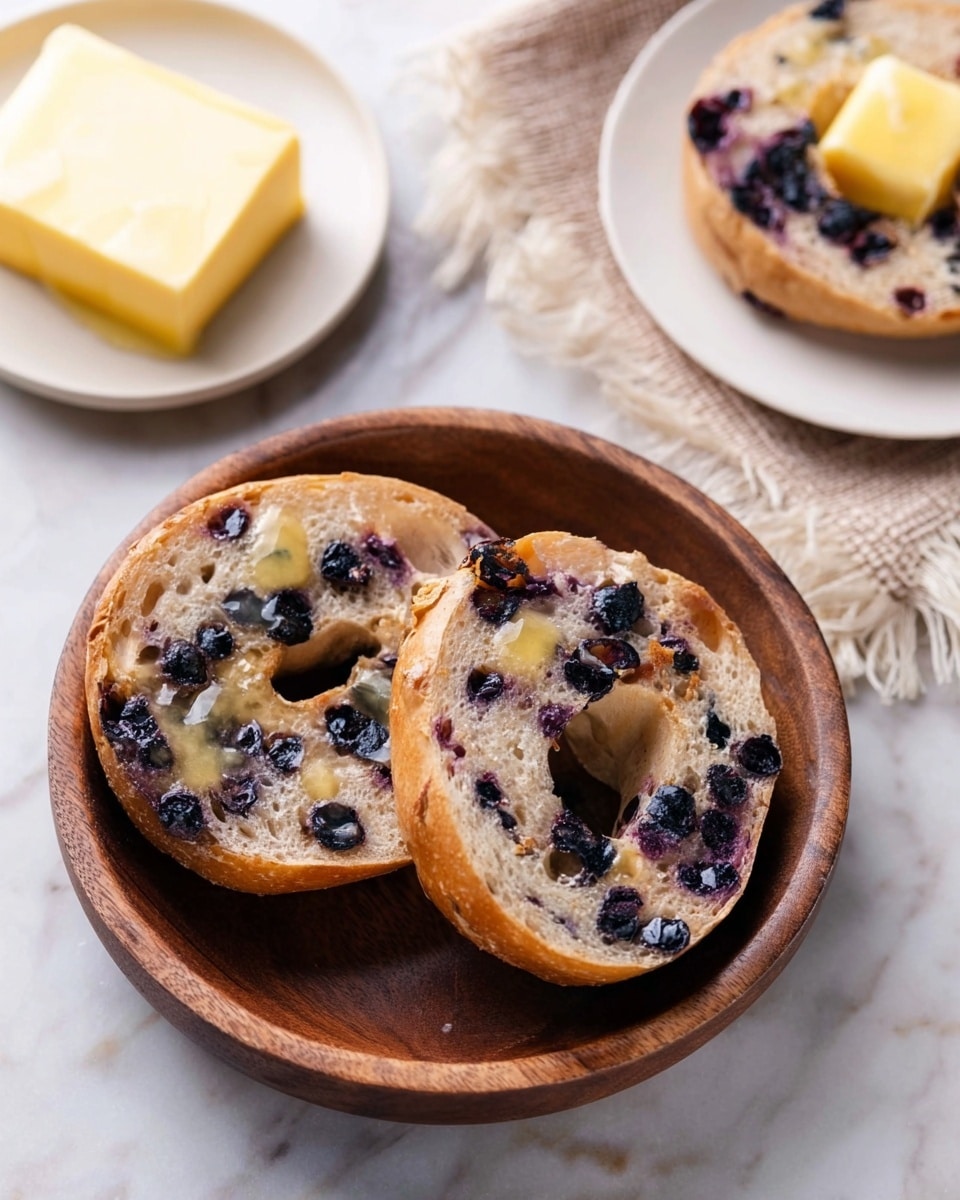 Two halves of a blueberry bagel with a light golden-brown color and visible dark purple blueberry spots sit inside a wooden bowl. One half has a small melting pat of butter on top near the hole in the center. The bowl is placed on a white marbled surface, with a small blue bowl holding an unwrapped block of butter partially visible in the upper left and a textured beige cloth with fringed edges in the upper right. photo taken with an iphone --ar 4:5 --v 7