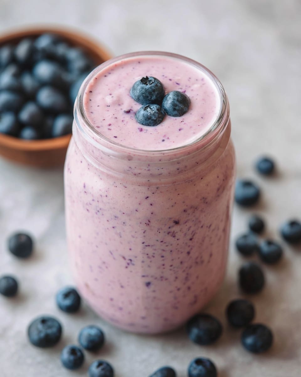 Inside a clear blender jar, a mix of frozen fruits is visible, including large red strawberries, small dark blueberries, and light yellow pineapple chunks at the bottom. A light cream liquid is being poured into the center from above, partially covering the fruit. The blender jar sits on a white marbled surface. A woman's hand is holding the container pouring the liquid but is mostly out of frame. The image focuses closely on the blender's contents from above photo taken with an iphone --ar 4:5 --v 7