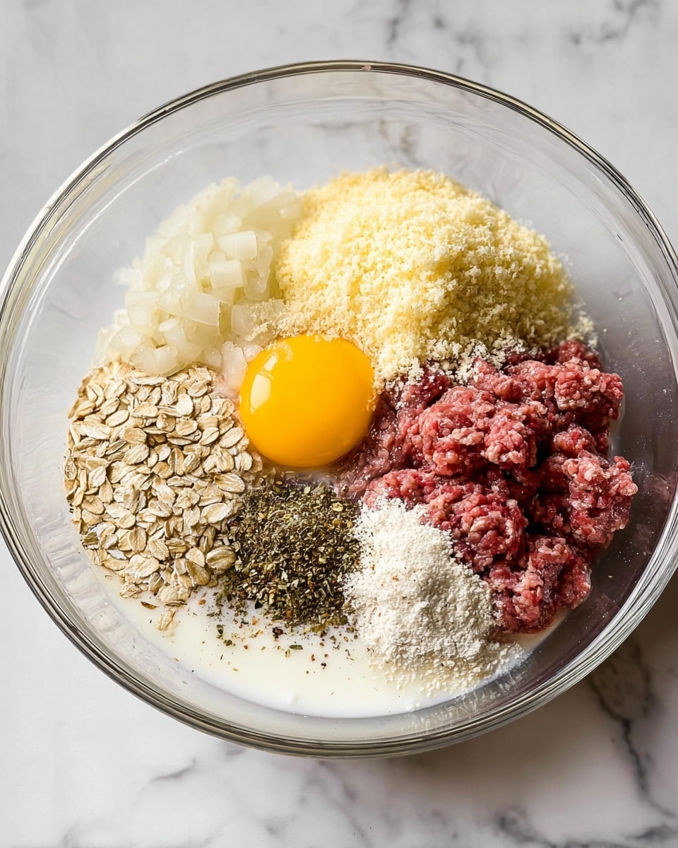 The image shows a clear glass bowl on a white marbled surface filled with several layers of ingredients arranged separately but touching each other. There is a raw whole egg with a bright yellow yolk resting on a layer of white milk in the lower left. To the right of the egg, there is raw ground meat with a deep red color and coarse texture. Above the meat is a large pile of fine, pale yellow grated cheese. Next to the cheese, on the upper left side, are finely chopped white onions. Below the onions are light beige oats with a dry and rough texture. In the middle of the bowl lies a mix of dried green and dark spices, sprinkled with salt and pepper. The layers are distinct but ready to be mixed together. photo taken with an iphone --ar 4:5 --v 7