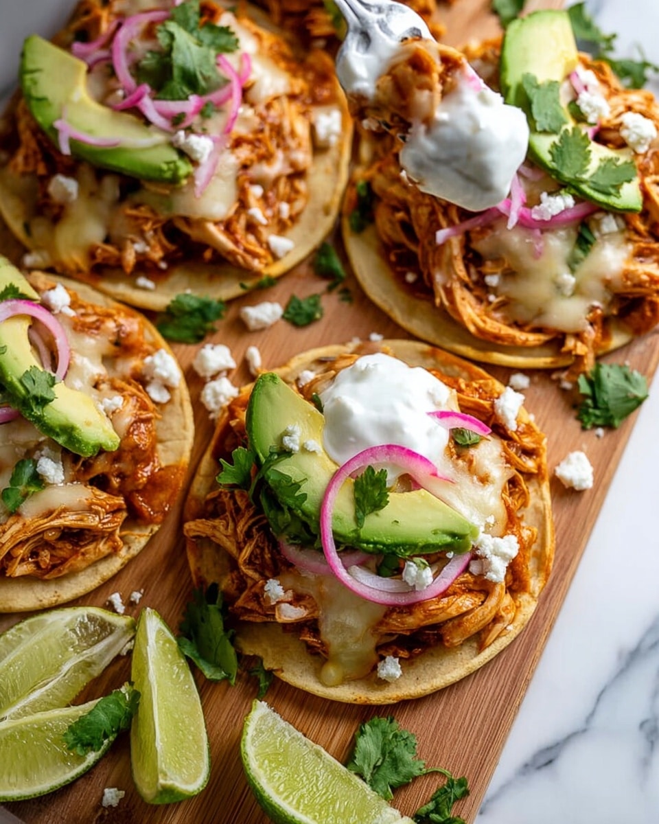 The image shows small soft white tortillas as the base, each topped with a layer of cooked shredded chicken mixed with melted light golden cheese. On top of the chicken, there is a smooth layer of brown refried beans. Each dish is then garnished with slices of green avocado, thinly sliced pink pickled onions, fresh green cilantro leaves, and crumbled white cheese. A spoon with white sour cream is being added on top of one tortilla. The tortillas are placed on a wooden board with lime wedges on the side, set against a white marbled background. Photo taken with an iphone --ar 4:5 --v 7