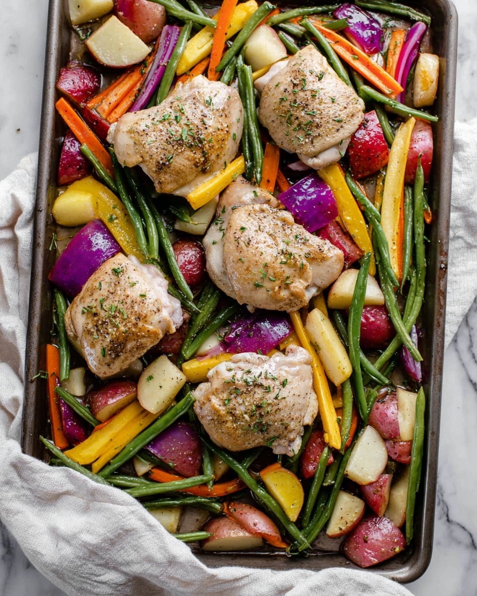 The image shows a baking tray full of cooked food on a white marbled surface with a white cloth beneath. The tray holds five large pieces of light brown chicken placed on top of a bed of mixed vegetables. The vegetables include long green beans, orange carrots cut into strips, yellow carrot sticks, purple onion slices, and small chunks of red and white potatoes. The chicken pieces are sprinkled with green herbs and black pepper. All the ingredients have a roasted texture with some visible seasoning. photo taken with an iphone --ar 4:5 --v 7