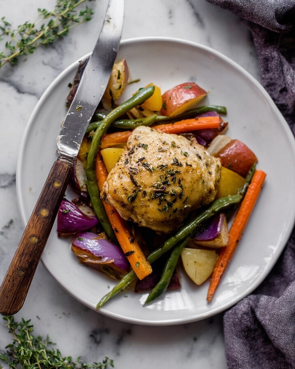 The image shows a close-up of a roasted dish on a tray with a white marbled background, featuring a golden-brown piece of chicken thigh as the main focus. Around the chicken, there are vibrant layers of vegetables including bright green asparagus stalks forming the base layer, orange carrot sticks placed on top, and pieces of purple onion scattered throughout. There are also chunks of yellow and brown roasted potatoes adding texture. The chicken is sprinkled with black pepper and herbs, giving it a slightly textured appearance. The overall scene is colorful with a mix of orange, green, purple, and brown tones surrounding the central chicken piece, with light reflecting softly on the ingredients. Photo taken with an iphone --ar 4:5 --v 7