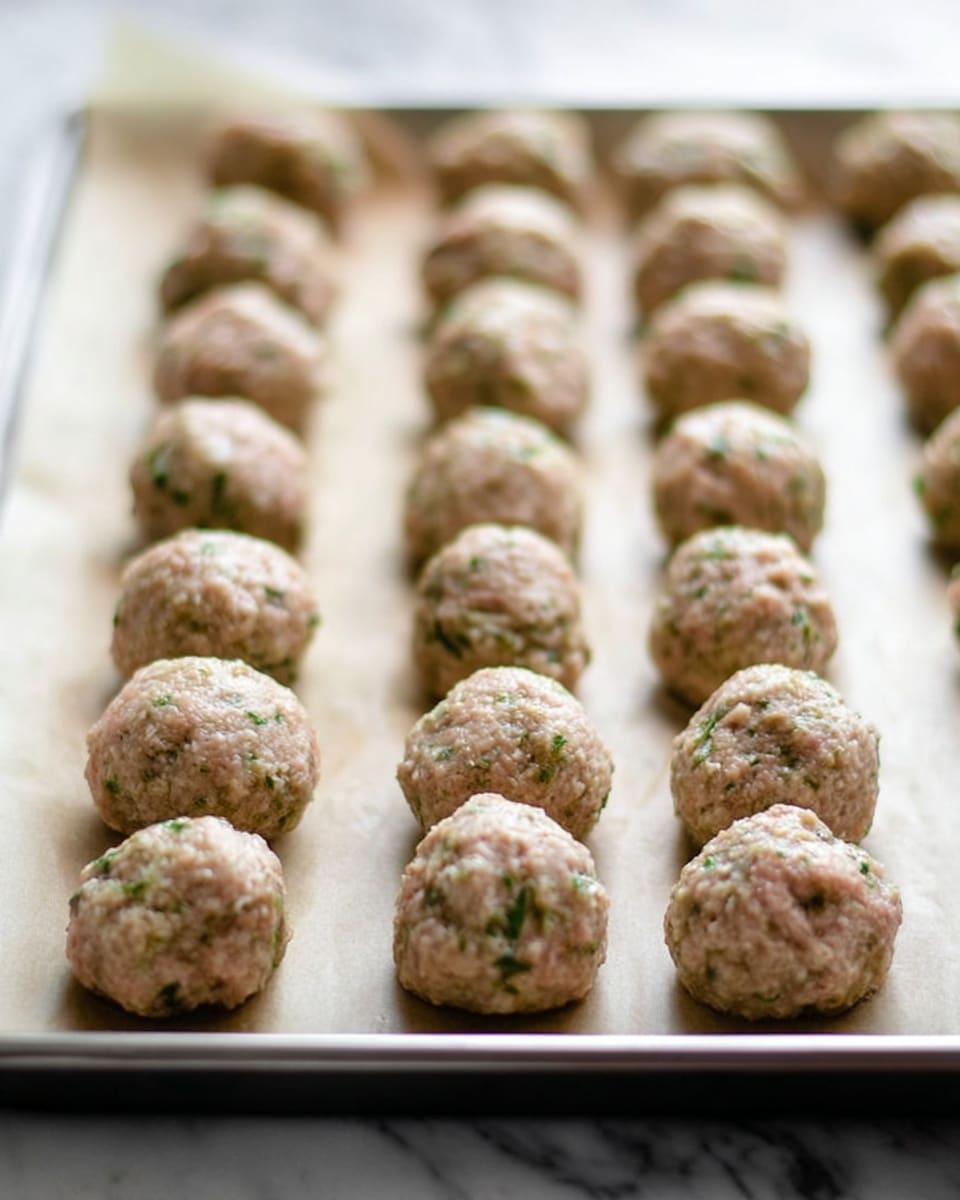 The image shows a metal baking tray lined with light brown parchment paper on a white marbled surface. On the tray, there are three rows of round, uncooked meatballs made with a mixture that appears light brown with green specks, arranged neatly in columns. Each meatball's surface is slightly rough with small bits of herbs visible throughout. The focus is crisp on the closest meatballs, while the background softly blurs the farthest row, emphasizing their texture and uniform shape. Photo taken with an iphone --ar 4:5 --v 7