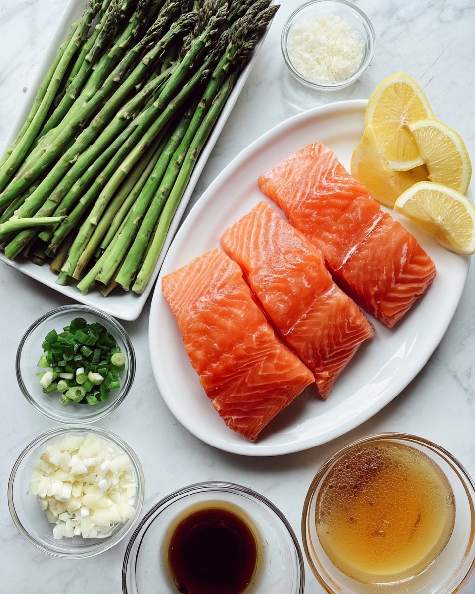 The image shows a white oval plate on the right with three thick, pink-orange raw salmon fillets stacked slightly on top of each other, and four lemon wedges placed at the top edge of the plate. To the left of the plate, there is a white rectangular dish filled with a bunch of fresh, green asparagus stalks laid side by side. Surrounding these main dishes, there are small clear bowls holding different ingredients: chopped green onions, coarse white salt, minced garlic, light yellow liquid, dark brown liquid, and amber-colored liquid with some bubbles. The background and surface are white marbled texture. photo taken with an iphone --ar 4:5 --v 7