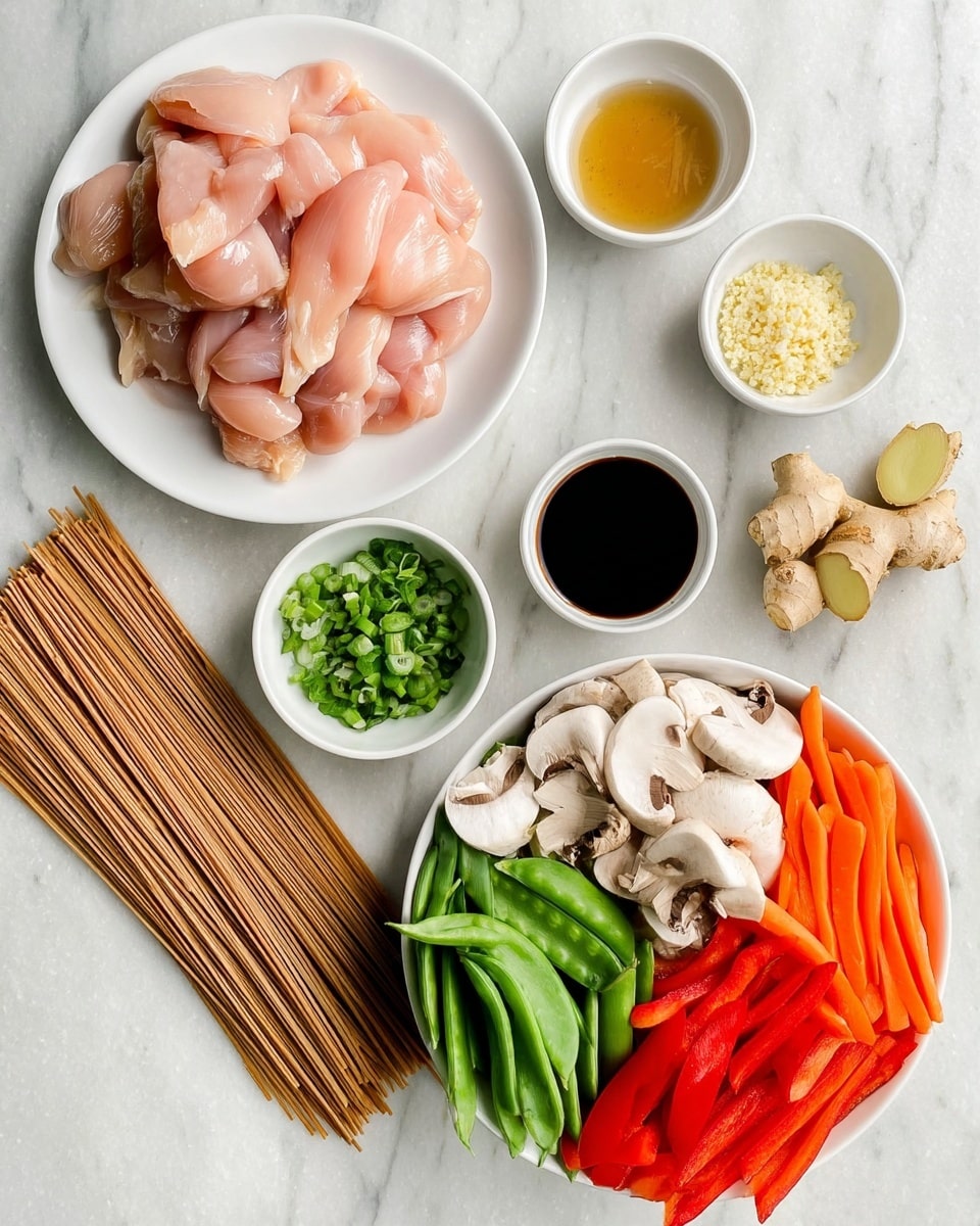 Thin slices of pale pink raw chicken are stacked on a white plate at the top left. To the right are four small white bowls, holding grated garlic, light brown sauce, soy sauce, and light yellow vinegar, with fresh ginger pieces beside them on the white marbled surface. Below, a large white bowl contains neatly arranged sliced red bell peppers, white mushrooms, orange carrot sticks, and green snap peas. A small white bowl filled with chopped green onions sits to the left of the vegetables. Raw brown noodles are gathered in a bundle and placed next to the vegetables on the white marbled surface. photo taken with an iphone --ar 4:5 --v 7