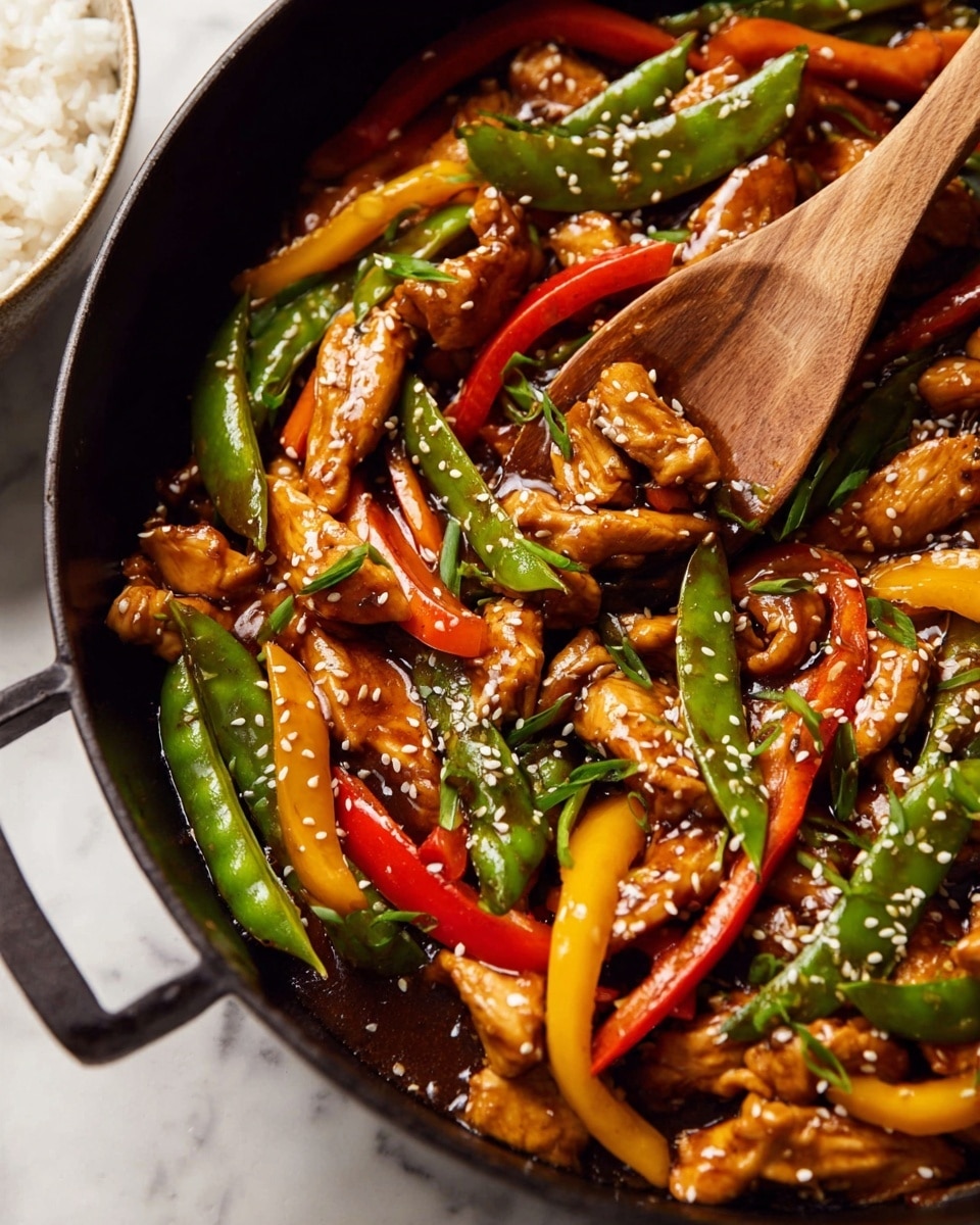 A black cast iron pan filled with a colorful stir-fry of golden brown cooked chicken strips mixed with bright green sugar snap peas, and thin slices of red and yellow bell peppers. The stir-fry is topped with small white sesame seeds and chopped fresh green onions scattered evenly. A wooden spoon rests inside the pan on the right side. Around the pan, there are small white bowls with sliced green onions and sesame seeds, and a clear bowl with red chili flakes on a white marbled surface. A white cloth napkin is partly under the pan. photo taken with an iphone --ar 4:5 --v 7