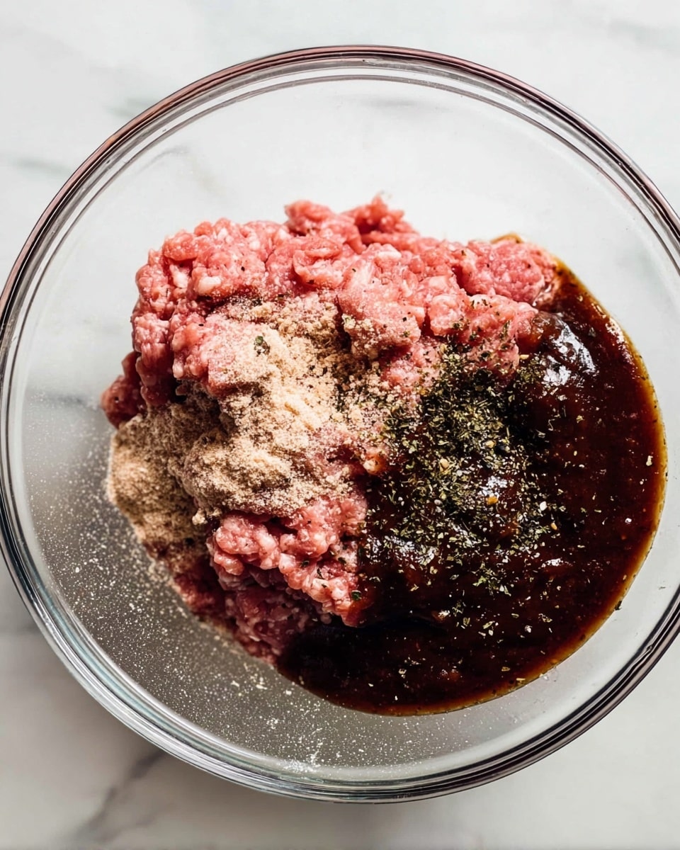 A clear glass bowl on a white marbled surface holds several layers: a mound of raw ground meat in pink shades takes up most of the bowl, topped with a thick, dark brown sauce on the right side. There are scattered pale beige powders and dark green dried herbs sprinkled over the meat and sauce, with a few tiny black pepper flakes spread throughout, creating a mix of textures and colors. The bowl's transparent sides shine under soft light showing the ingredients clearly photo taken with an iphone --ar 4:5 --v 7