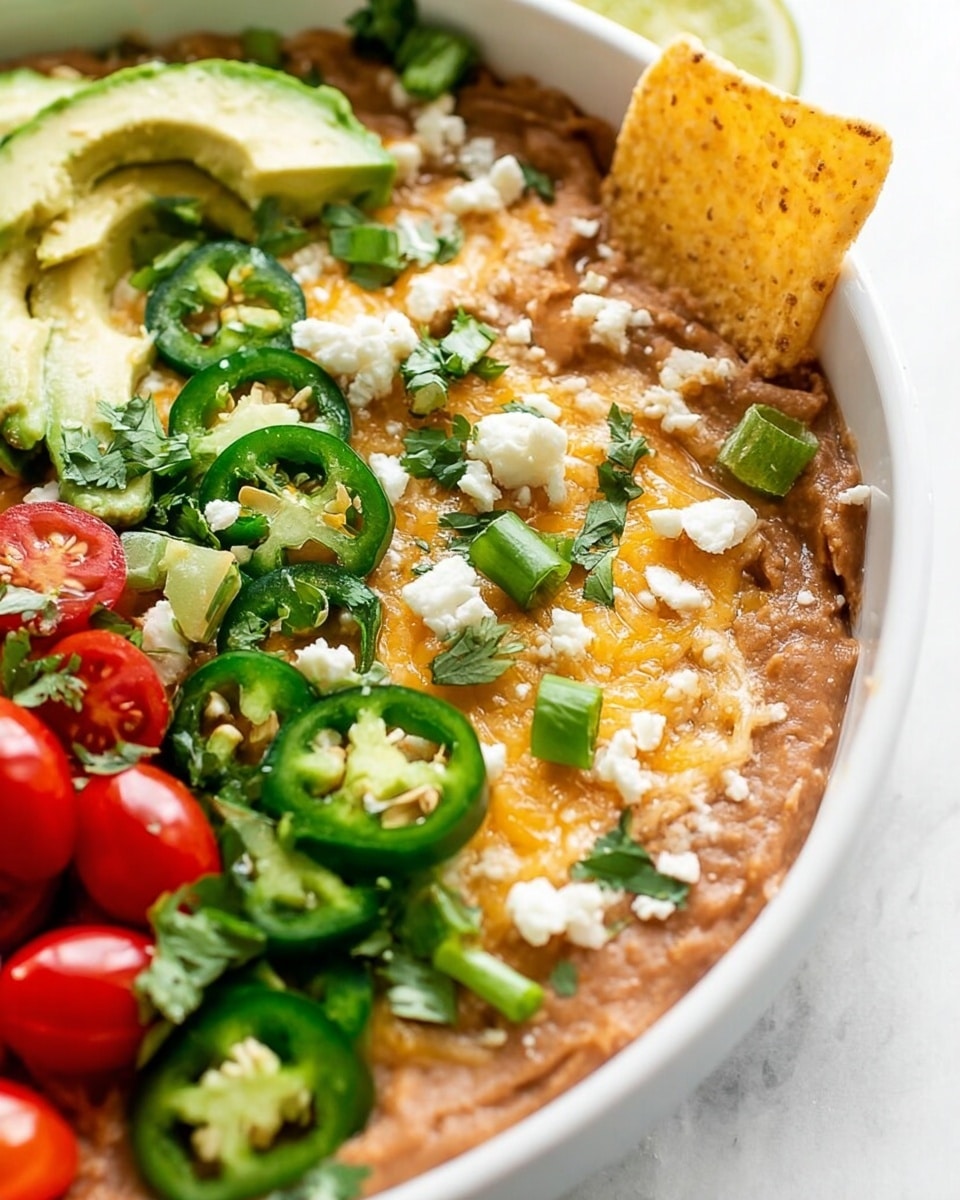 The dish is in a white square dish with rounded corners, placed on a white marbled surface with a striped cloth nearby. The bottom layer is a smooth, reddish-brown bean spread covering the base evenly. On top, there's a layer of melted yellow cheese seen through the toppings. Over the cheese, slices of pale green avocado are arranged on the left and bottom edges. Bright red cherry tomato halves are scattered in the center, along with thinly sliced green jalapeño rings. Fresh green cilantro leaves and chopped green onions are sprinkled all over. White crumbly cheese is dotted around the dish. A silver spoon is scooping a creamy light brown hummus-like dip from the right side. Photo taken with an iphone --ar 4:5 --v 7