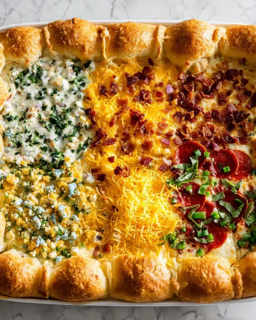 4-Way Loaded Biscuit Dip with Chicken, Spinach, Artichoke, and Pizza Flavors Recipe