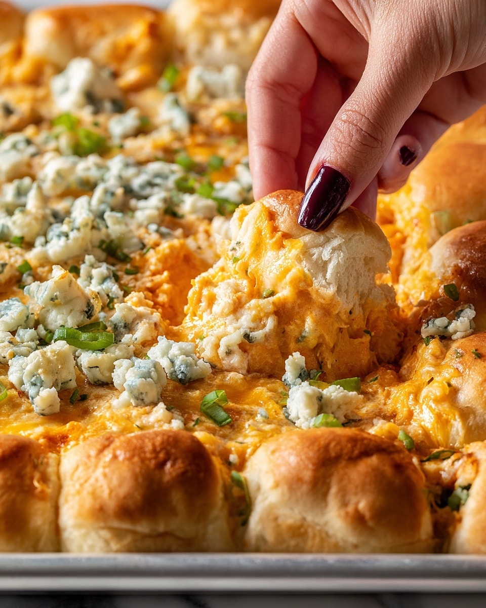 The image shows a large rectangular baking tray with four square sections of different cheesy dishes, each surrounded by a thick border of golden-brown, baked dough balls with a light sprinkle of seasoning on top. The top left section has a smooth, bright orange cheese layer with small bluish cheese dollops and green herbs scattered on top. The top right section contains a melted white cheese layer with chopped green herbs spread evenly. The bottom left section features a bubbly melted white cheese with small red pepperoni slices and fresh green basil leaves. The bottom right section has a thick yellow cheese layer topped with crispy bacon bits and some green herbs. Three woman's hands are pulling apart the dough balls from the border, showing the soft texture inside. The tray is placed on a white marbled surface. photo taken with an iphone --ar 4:5 --v 7