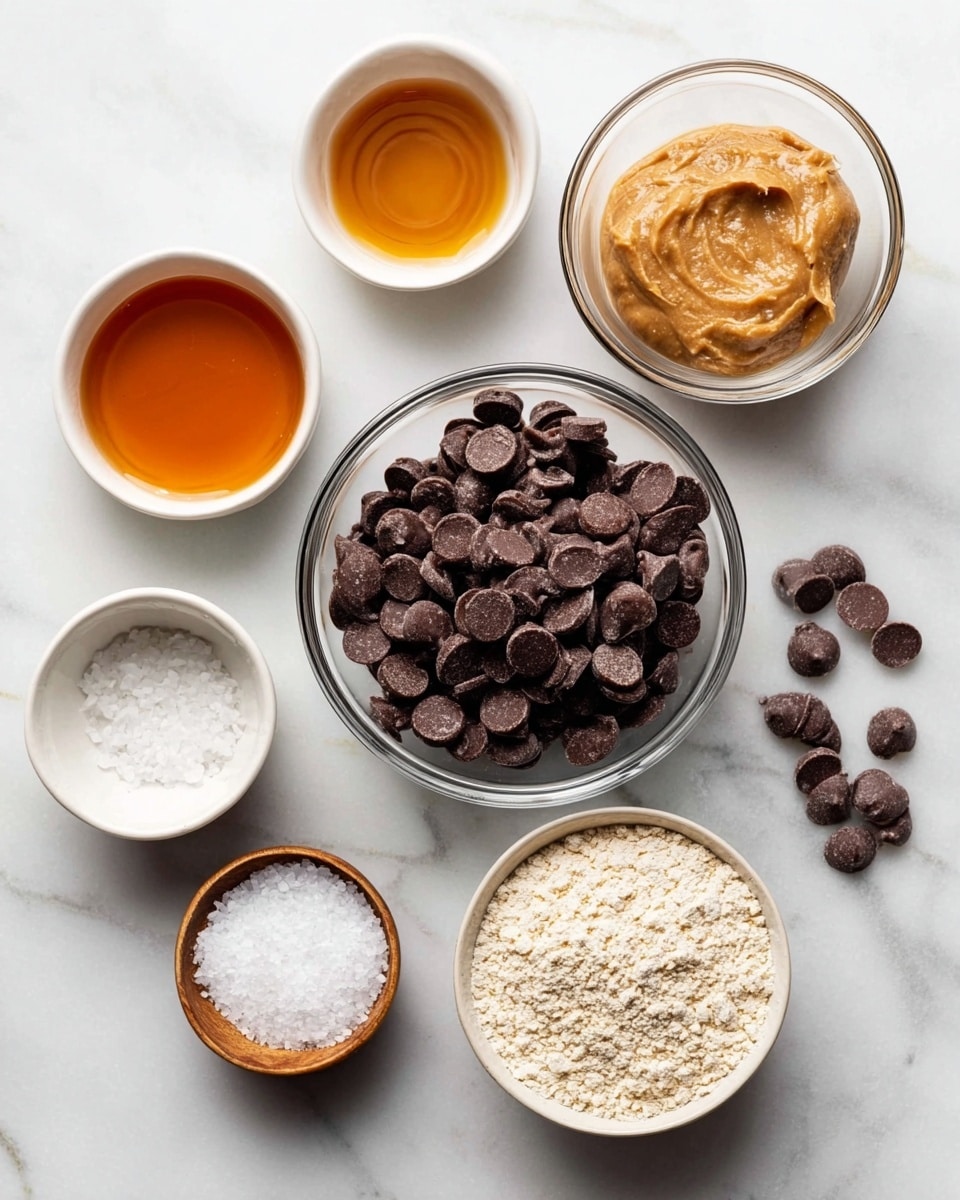 Six small bowls hold different ingredients on a white marbled surface. In the center is a clear glass bowl filled with dark brown chocolate chips. Above it to the right, a clear glass bowl contains a light brown creamy substance. To the left, a white bowl holds a golden amber liquid. Below that, a small white bowl has a white solid substance. Below the chocolate chips to the left, a small wooden bowl contains coarse white salt. To the right, a white bowl is filled with light beige powder. A few chocolate chips are scattered around the bowls. Photo taken with an iphone --ar 4:5 --v 7