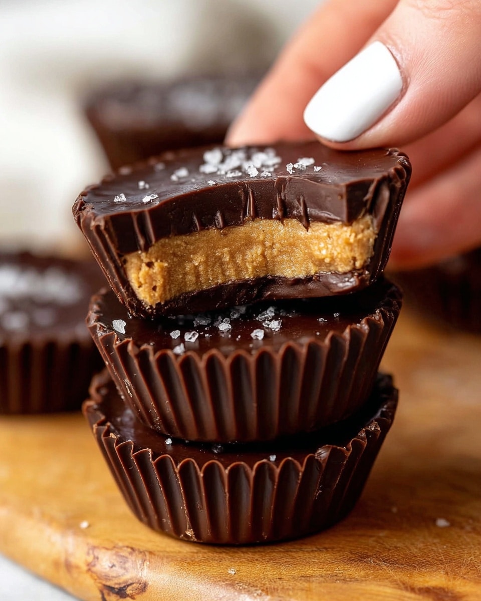 A close-up view of a small chocolate cup held by a woman's hand with white nails. The chocolate cup has three layers: the outer shell is dark brown with a smooth and ribbed texture on the sides, the middle layer is light brown and crumbly, resembling peanut butter, and the top layer is a glossy dark chocolate with some salt flakes sprinkled on it. The chocolate cups are stacked on a wooden surface with a white marbled background blurred out. photo taken with an iphone --ar 4:5 --v 7
