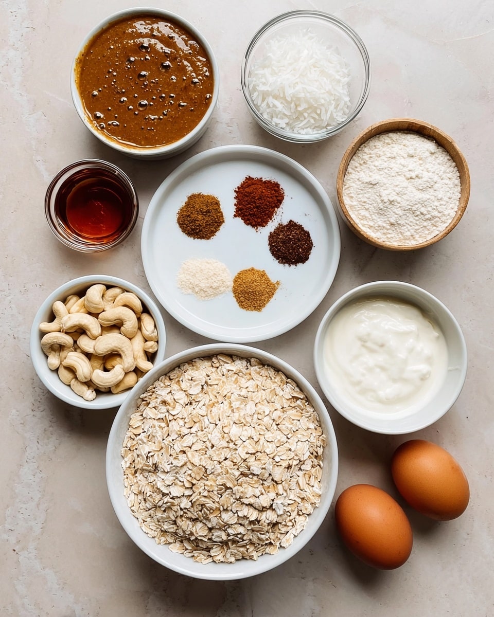 The image shows ten bowls and two eggs arranged neatly on a white marbled surface. The largest white bowl at the bottom holds light beige rolled oats with a rough texture. Above it, a medium white bowl contains a smooth, brown nut butter with tiny bubbles on top. To its left is a small glass bowl with dark amber liquid, possibly syrup. Above that, a small glass bowl has thin, white coconut flakes. Next to it, a white plate displays seven small piles of spices in different colors: dark brown, light brown, white, rusty red, and beige. Above the spice plate, a small white bowl holds whole cashew nuts, creamy off-white with tan spots. Next to it, a small white bowl has a coarse, dark brown powder, likely ground flaxseed. A medium clear bowl on the right has white flour with a powdery texture. To its right, two brown eggs rest directly on the surface. Below the eggs, a white bowl filled with creamy, thick white yogurt sits beside a white bowl of mashed bananas, yellowish-beige with small lumps. Photo taken with an iphone --ar 4:5 --v 7