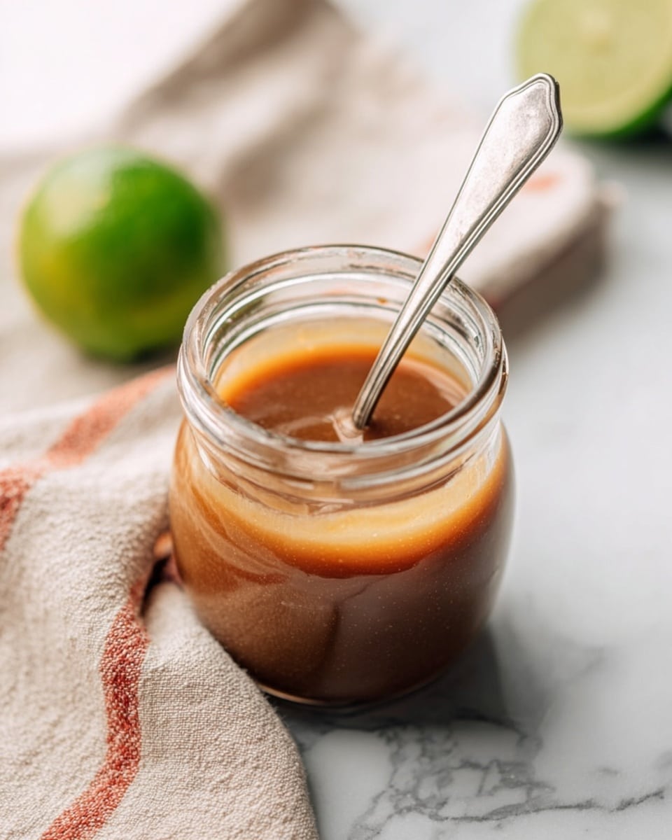 A small clear glass jar filled with a smooth, shiny brown sauce with a slightly lighter brown layer on top, a silver spoon placed inside the jar, the jar sitting on a white marbled surface with a beige cloth with red stripes slightly out of focus behind it, and a whole and half lime blurred in the background, photo taken with an iphone --ar 4:5 --v 7