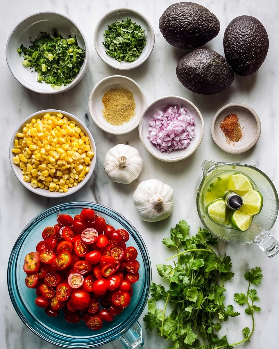 The image shows a top view of various fresh ingredients neatly arranged on a white marbled surface. There are three whole avocados with dark green, bumpy skin positioned near the center top. Surrounding them are small white bowls: one filled with chopped green herbs, another with chopped green peppers, one with yellow corn kernels, one with finely diced red onions, one with a mixture of salt, one with ground spice, and a clear bowl with minced garlic. A large white garlic bulb sits near some fresh sprigs of cilantro. In the bottom center, a clear blue bowl is filled with quartered bright red cherry tomatoes. On the right side, there is a clear glass juicer holding two squeezed lime halves and some lime juice. Two loose sprigs of cilantro extend from the lower right corner. The photo was taken with an iphone --ar 4:5 --v 7