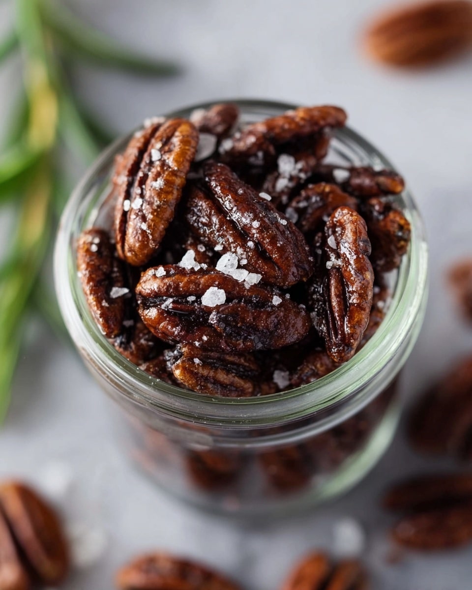 A close-up shot of a white bowl filled with many roasted pecans that have a rich dark brown color and a textured surface showing some crunchy coating. On top of the pecans, there are small pieces of white flaky sea salt sprinkled unevenly. The bowl sits on a white marbled surface with a few pecans, cinnamon sticks, and green rosemary sprigs scattered around it. The scene has natural lighting highlighting the nuts’ glossy and rough textures, making them look fresh and tasty. photo taken with an iphone --ar 4:5 --v 7