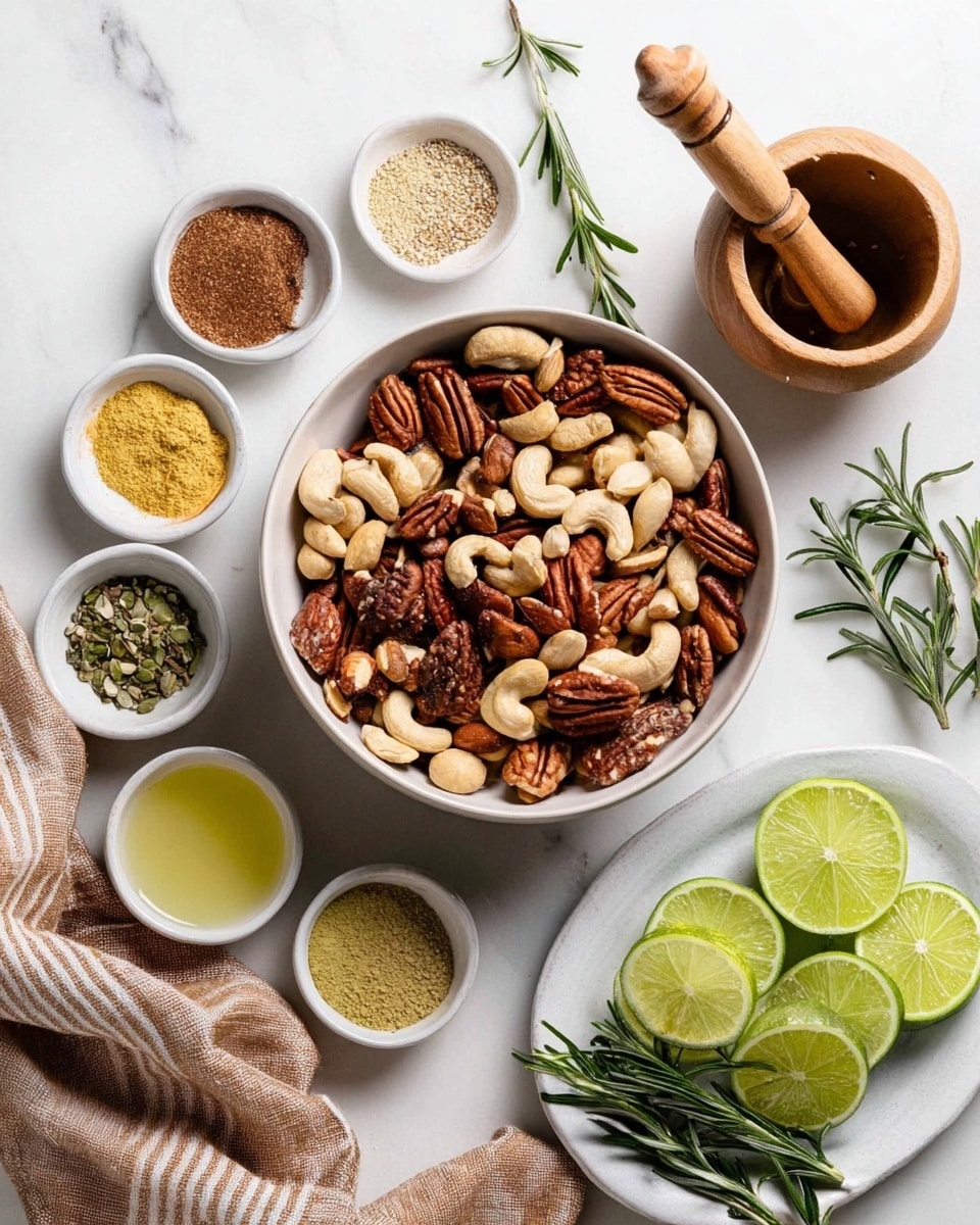 A white bowl filled with mixed nuts including pecans, cashews, and almonds is at the center of the image. Around the bowl, there are small white bowls containing different spices and herbs, with brown, yellow, and green powders visible. There is a wooden citrus juicer and squeezed half limes beside it. On the right, a white plate holds lime slices, and fresh rosemary sprigs are scattered around, some resting on a brown striped cloth. The whole scene is set on a white marbled surface, creating a bright and fresh look. Photo taken with an iphone --ar 4:5 --v 7