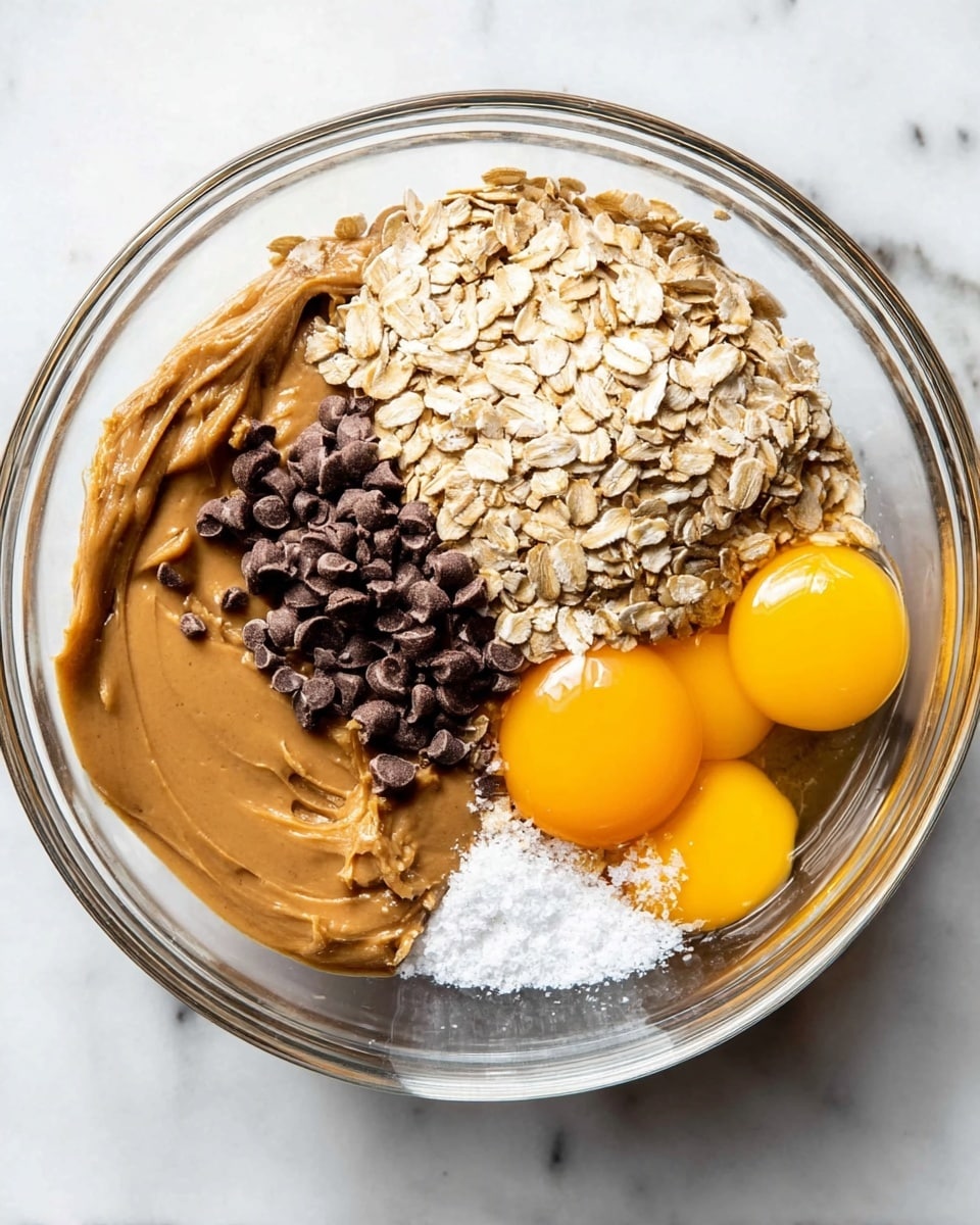 A clear glass bowl on a white marbled surface holds five separate layers of ingredients: smooth, light brown peanut butter on the bottom left; beige rolled oats on the top left; small, dark brown chocolate chips on the top right; two bright yellow egg yolks with clear egg whites on the bottom right next to some oats; and a small pile of white powder, likely salt, near the center. The ingredients are unmixed and clearly separated inside the bowl. photo taken with an iphone --ar 4:5 --v 7