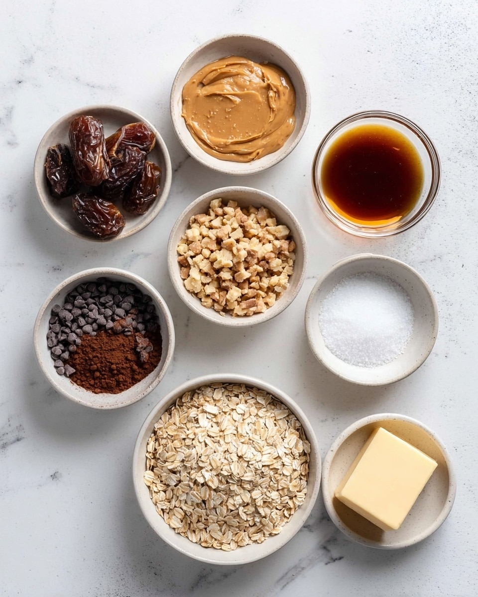 A top-down view of nine small white bowls arranged on a white marbled surface. The largest bowl at bottom right has rolled oats, light beige and rough in texture. Above it, a bowl with chopped dates, dark brown and sticky-looking. Next to the dates, a glass bowl with shiny golden honey. To the left of the oats, a bowl with smooth light brown peanut butter. Above that, a small bowl filled with chopped light tan nuts. Below the peanut butter, a bowl with dark brown cocoa powder, finely ground and powdery. To the left of the cocoa powder is a small glass bowl holding shiny black chocolate chips. Below the chocolate chips, a clear bowl with white granulated salt. Just above and to the right of the salt is a white bowl with dark brown vanilla extract. To the right side near the bottom is a partially unwrapped piece of butter, pale yellow and smooth. Photo taken with an iphone --ar 4:5 --v 7