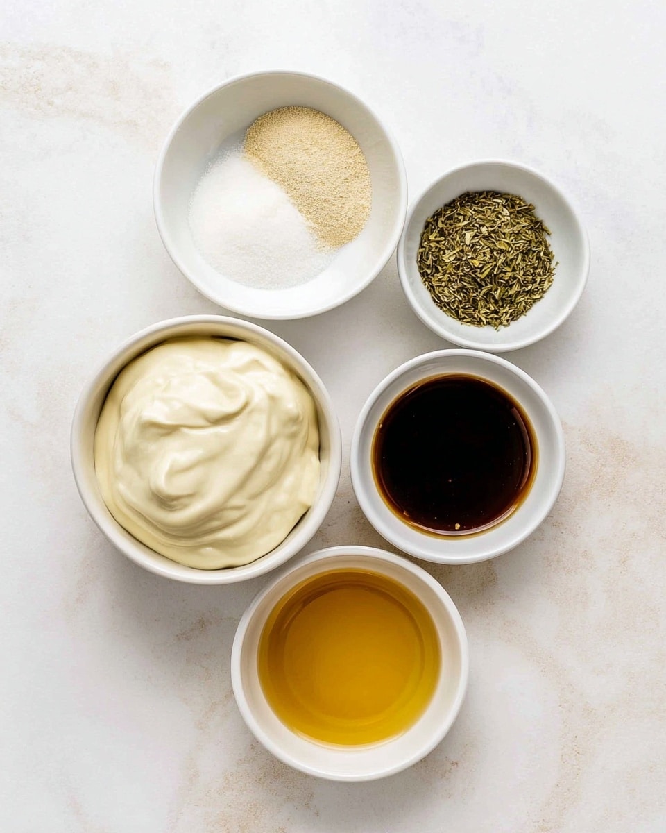 Five small white bowls are placed on a white marbled surface, each containing a different ingredient. The top right bowl holds dried green herbs and a light beige powder side by side. Below it, the largest bowl contains a thick, creamy white mixture with smooth texture. To the left is a bowl filled with a thick, pale yellow substance with a slight swirl on top. Above this is a bowl with a dark brown liquid, smooth and shiny. At the bottom center is a bowl with a clear golden liquid. All bowls form a rough circular shape. Photo taken with an iphone --ar 4:5 --v 7