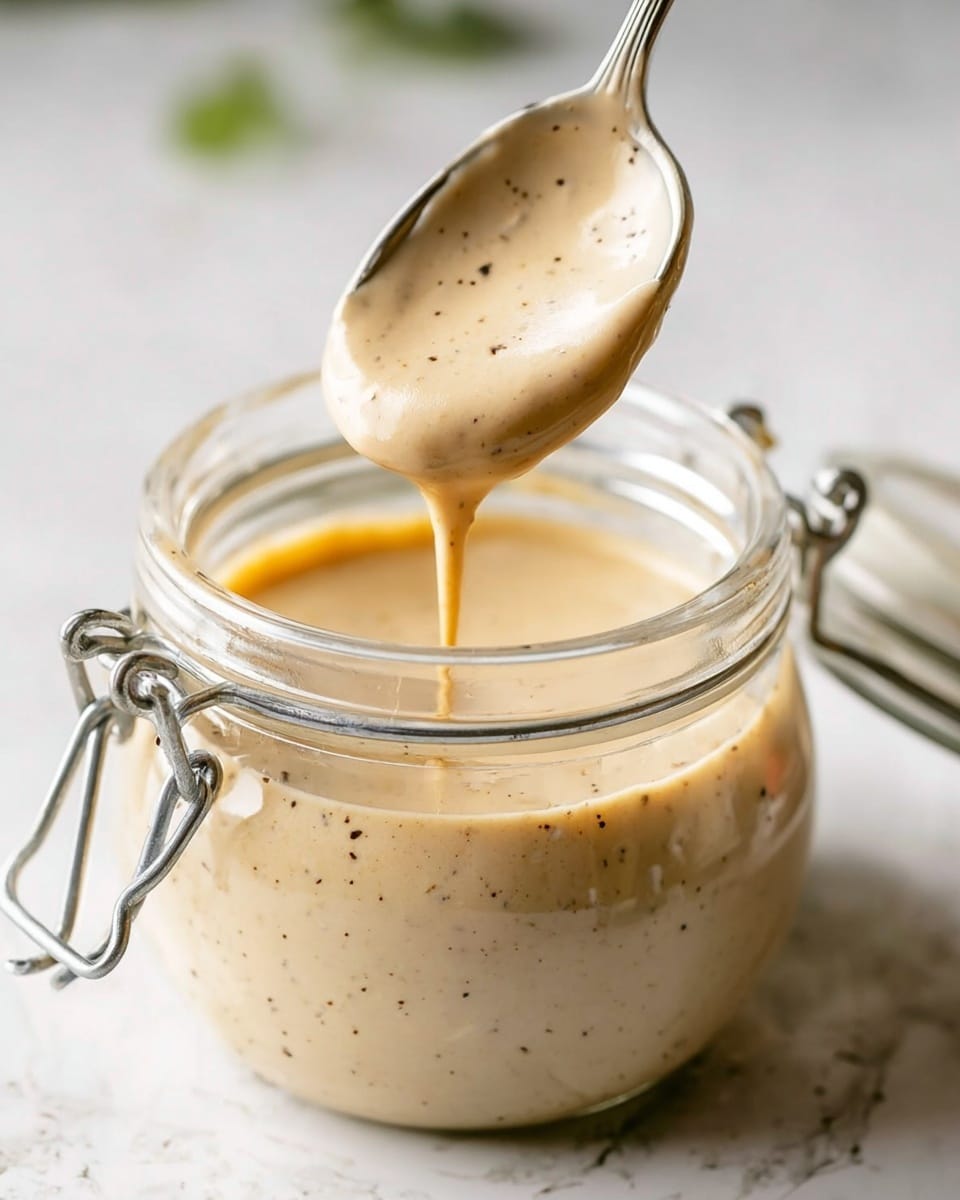 A clear glass bowl filled with creamy yellow sauce speckled with small black and green herbs. A wooden spoon above the bowl is holding some sauce that is dripping back into it. The bowl sits on a white marbled surface with some scattered black pepper and small fresh green herb leaves around it. The background is softly blurred with hints of green foliage. Photo taken with an iphone --ar 4:5 --v 7
