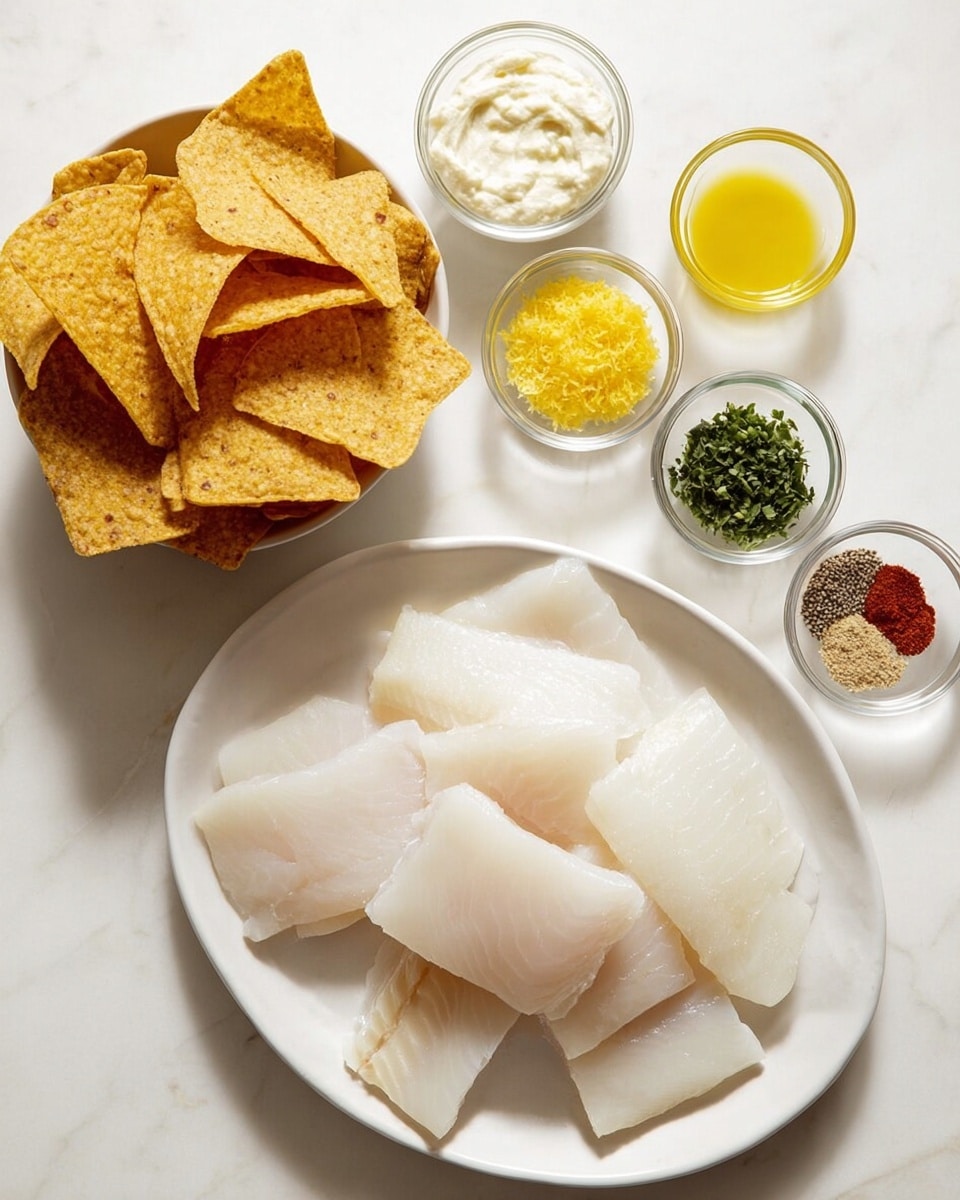 A white oval plate holds six pieces of raw, pale fish fillets with smooth, slightly shiny texture, arranged loosely with some pieces overlapping. To the left, a white bowl is full of golden-yellow tortilla chips stacked unevenly, showing their speckled, rough surface. Above the fish and chips, there are five small clear and white bowls arranged closely on a white marbled surface: one with a creamy white paste, another with a yellow mashed substance, a small bowl of bright yellow lemon zest, another with a light yellow liquid, and a small white bowl containing a mix of dry spices with colors like black, white, red, and beige. One clear bowl holds finely chopped green herbs. The overall scene is bright and clean, with all dishes and ingredients clearly visible. photo taken with an iphone --ar 4:5 --v 7