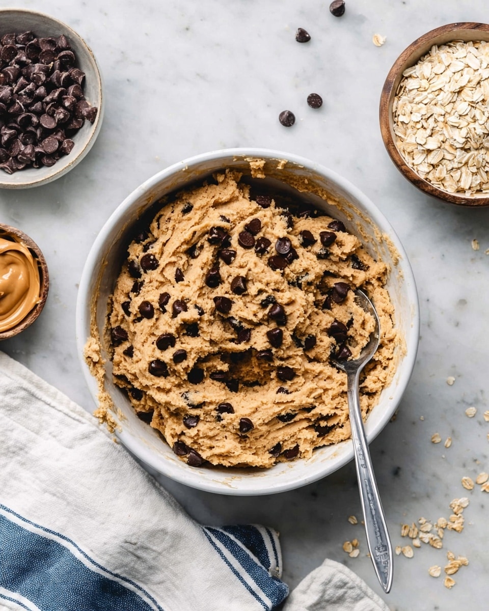 The image shows a dark metal baking tray lined with white parchment paper placed on a white marbled surface. On the tray, there are 16 round cookie dough balls with visible dark chocolate chips, lightly sprinkled with coarse salt on top. The dough balls are evenly spaced in rows. At the bottom of the tray, there is a metal ice cream scoop with some dough residue. Surrounding the tray, on the white marbled surface, are small bowls containing chocolate chips, oats, and a creamy peanut butter mixture, along with a striped cloth towel. photo taken with an iphone --ar 4:5 --v 7
