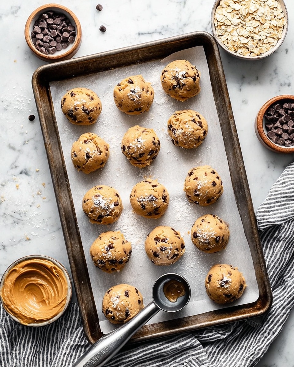 A clear glass jar filled and overflowing with light brown cookie dough mixed with many small dark chocolate chips. The cookie dough is packed inside the jar almost to the brim, with a scoop on top sprinkled with a few flakes of white salt. A metal spoon with a dark wooden handle stands inside the jar, sticking out from the cookie dough. The jar sits on a white paper over a dark wooden board. Around the main jar, there is another smaller clear glass jar filled with cookie dough and a small white bowl with smooth peanut butter, all placed on a white marbled surface. Some chocolate chips and oat flakes are scattered between the objects, photo taken with an iphone --ar 4:5 --v 7