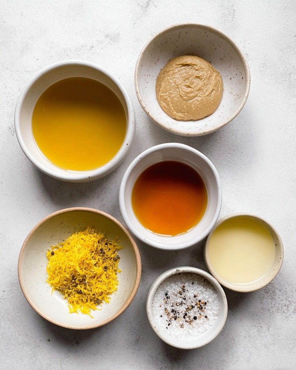 Six small white bowls sit on a white marbled surface. The top left bowl holds a golden liquid with a smooth, shiny texture. To its right, a smaller bowl contains a thick, tan paste. Below these, a bowl in the center has a clear amber-colored liquid. To the right, another bowl holds white salt mixed with black pepper, the grains unevenly spread. The bottom left bowl contains bright yellow lemon zest with a fluffy texture, and the bottom center bowl has a pale yellow liquid with a slightly pulpy look. photo taken with an iphone --ar 4:5 --v 7