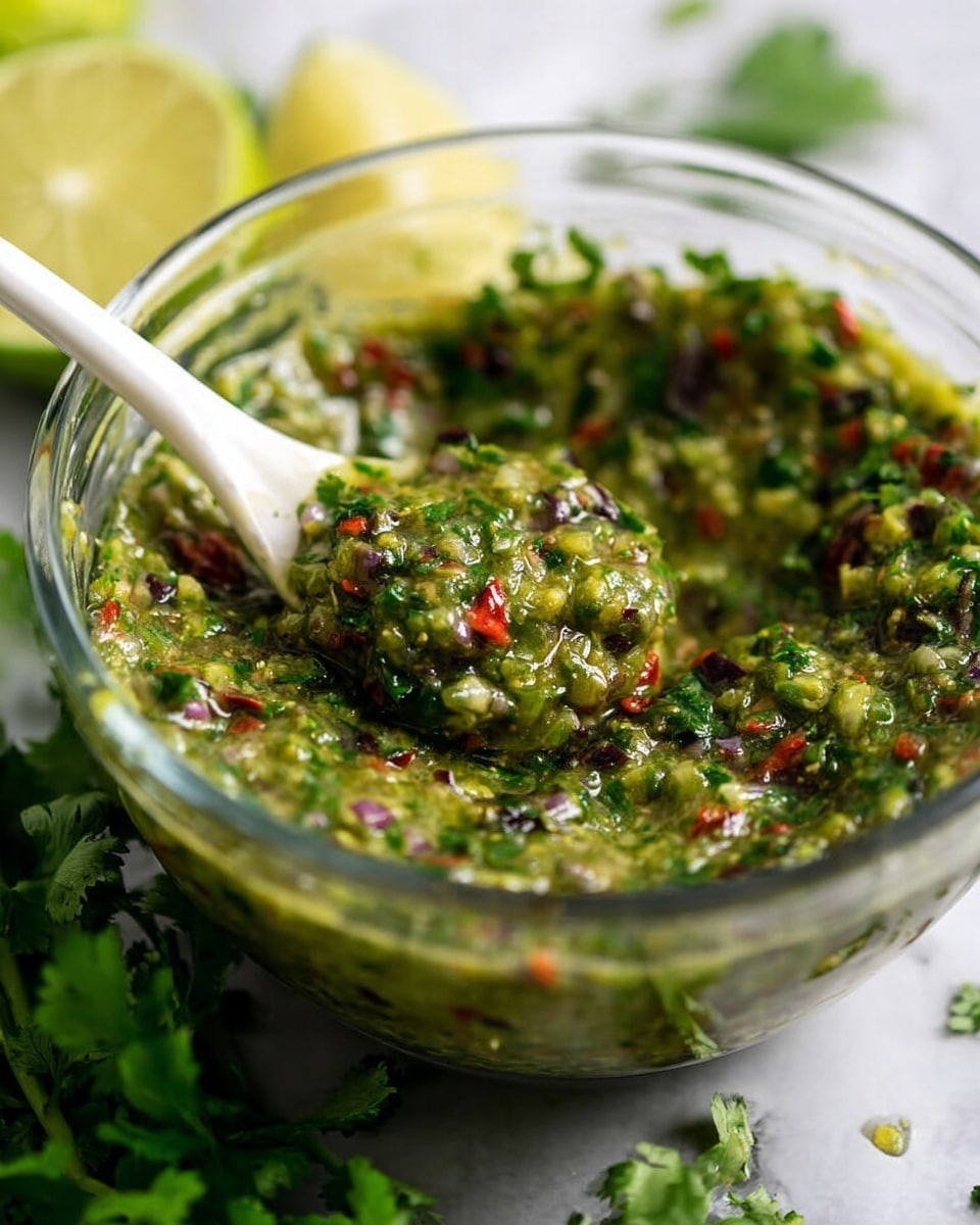 A clear glass bowl filled with a chunky green mixture that has visible bits of red and purple, with flecks of dark green herbs scattered throughout. A white spoon rests inside the bowl, scooping some of the mixture. The bowl sits on a white marbled surface with some fresh green herbs placed nearby. In the background, blurred yellow and green slices of lime add a touch of color. photo taken with an iphone --ar 4:5 --v 7