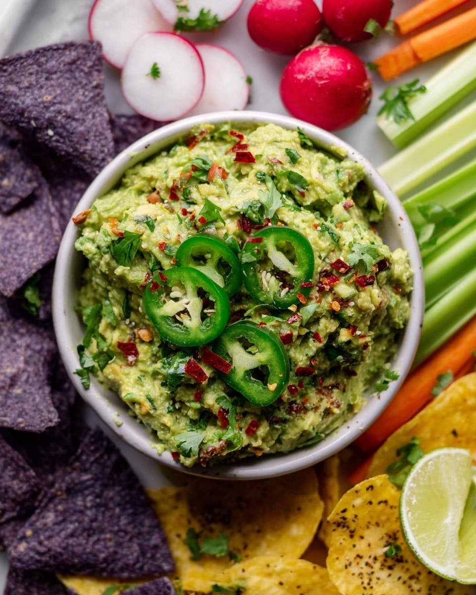A white rectangular tray holds a colorful vegetable and chip platter on a white marbled surface. At the center, a white bowl is filled with light green guacamole topped with sliced green jalapenos and red chili flakes. Surrounding the bowl are layers of different fresh vegetables and chips: to the top right, bright orange carrot sticks; next to them, red bell pepper slices; below them, radish slices with white centers and red edges, sprinkled with black pepper; at the bottom right, more red bell pepper slices; bottom center shows a small pile of yellow plantain chips with a lime wedge on top; and on the left side, pale green celery sticks and a cluster of dark purple tortilla chips. Garnishes of chopped green herbs are lightly scattered over some layers. A couple of lime wedges and a small white bowl with red chili flakes are on the white marbled background with a striped blue and white cloth partially visible. Photo taken with an iphone --ar 4:5 --v 7