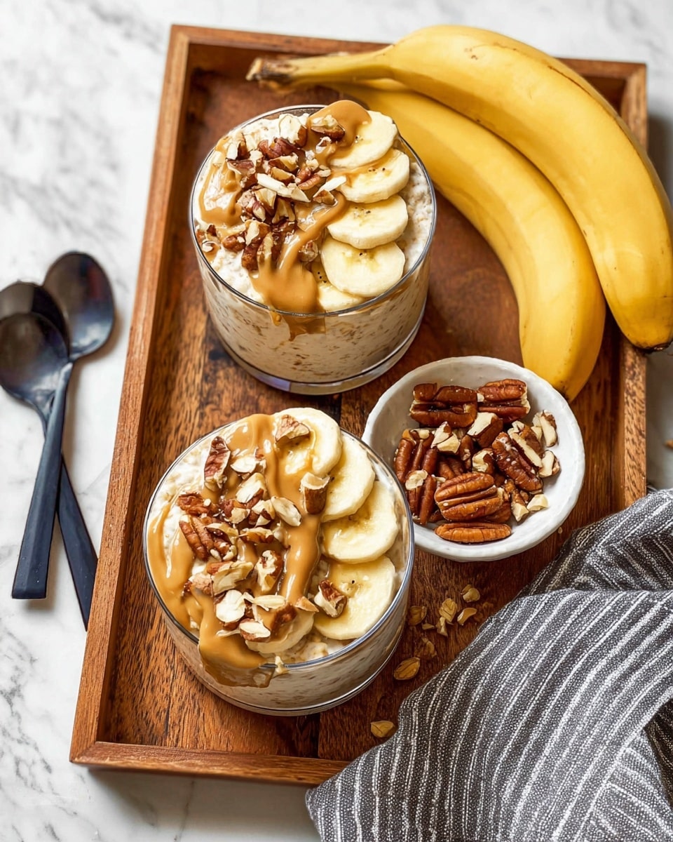 Two clear glass bowls sit on a wooden tray on a white marbled surface. Each bowl has three layers: the bottom layer is a light creamy oatmeal, the middle layer is sliced banana pieces arranged neatly, and the top layer is drizzled smooth light brown peanut butter with scattered chopped pecans and sliced almonds. To the right on the tray is a small white bowl filled with mixed chopped pecans and sliced almonds. Two yellow bananas rest on the tray near the bowls, and two black spoons are placed side by side at the top. A grey and white striped cloth is tucked on the right side of the tray. Photo taken with an iphone --ar 4:5 --v 7