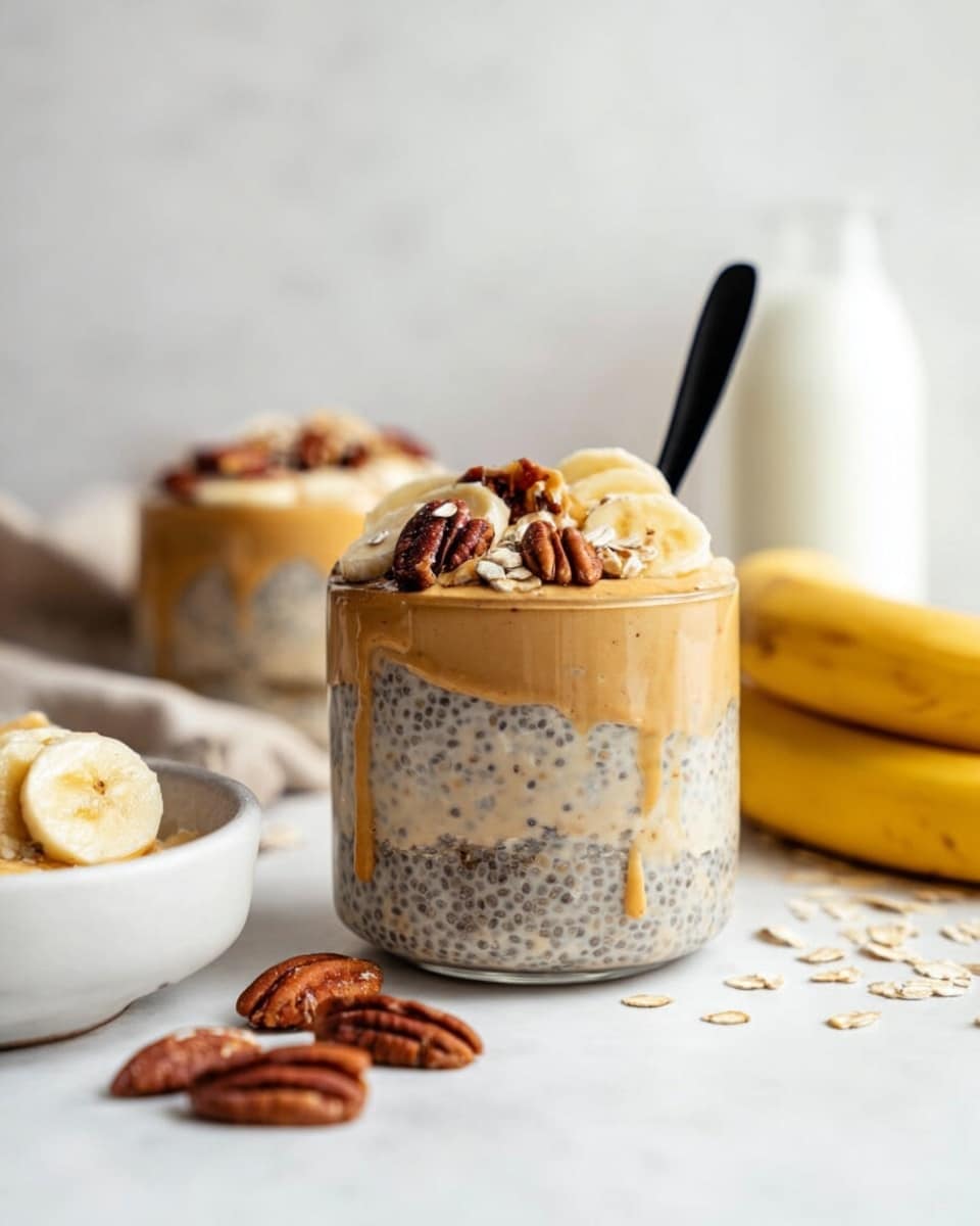A clear glass filled with three visible layers: the bottom layer is a creamy chia pudding with small black chia seeds, the middle layer is a thick caramel-colored sauce that slightly drips down the sides, and the top layer is sliced yellow banana pieces and small brown pecan nuts drizzled with more caramel sauce. The glass is placed on a round white marble coaster, with a white marbled surface beneath. In the blurry background, there is another similar glass with the same contents and a white bowl with slices of banana and pecans on the left bottom corner. Two black spoons lie on the right side on the white marbled surface. Photo taken with an iphone --ar 4:5 --v 7