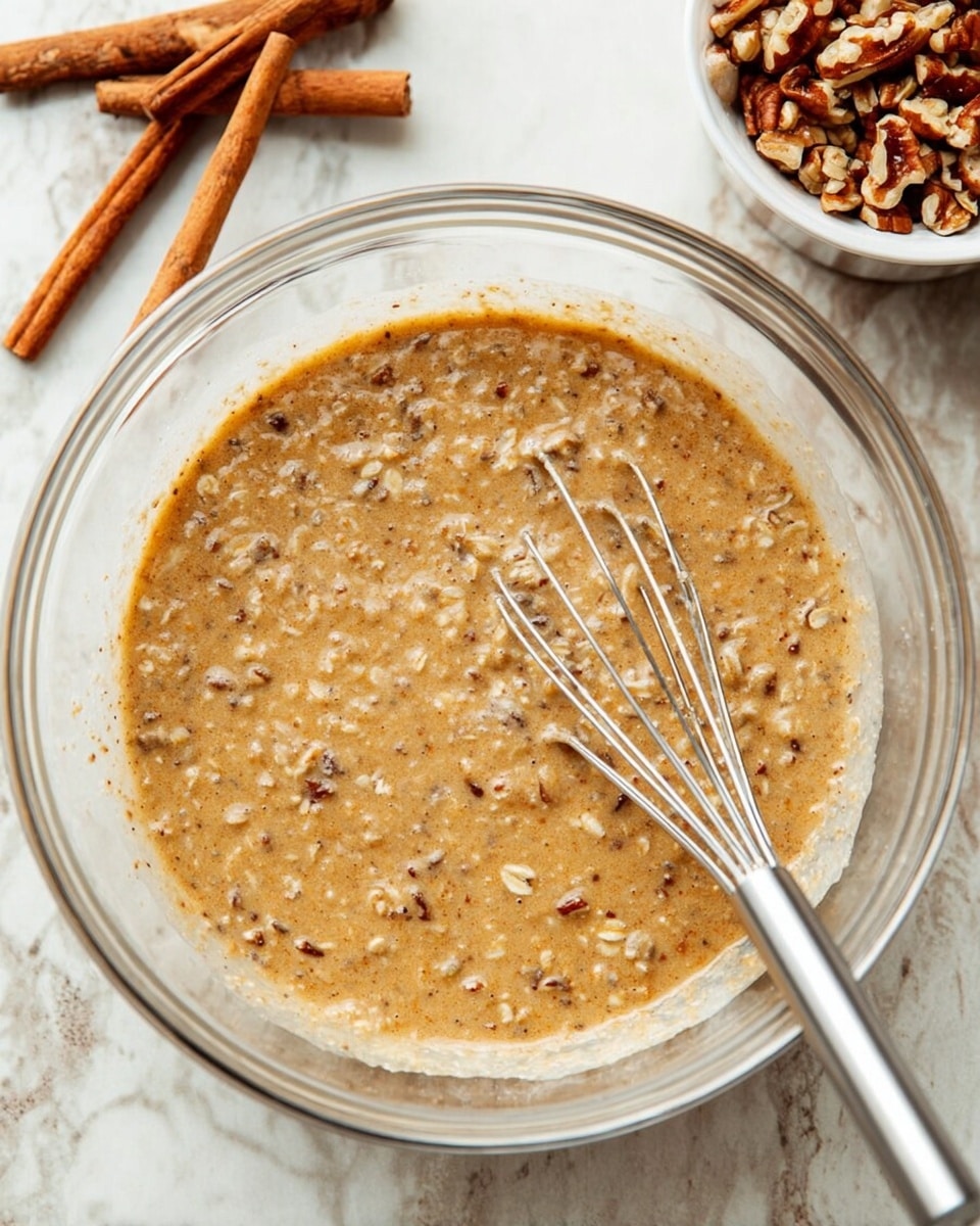 A clear glass bowl filled with a thick, light brown batter mixed with oats and small pieces of nuts evenly spread throughout the mixture; a metal whisk is partially submerged on the right side of the bowl, and in the background, there is a small white bowl of chopped nuts along with two cinnamon sticks resting on a white marbled surface photo taken with an iphone --ar 4:5 --v 7
