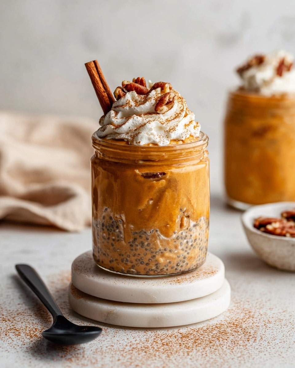 A clear glass jar filled with two visible layers: the bottom layer is a smooth, rich orange pumpkin puree, and the top layer is a thick, creamy oatmeal mixed with chia seeds, light brown with small black specks. The jar is topped with a swirl of white whipped cream, sprinkled with light brown cinnamon powder and small pieces of pecan nuts, with a brown cinnamon stick standing upright at the back. The jar is placed on two stacked round white marble coasters, set on a white marbled surface dusted with cinnamon powder. Nearby, a small white bowl with pecan pieces and a matte black spoon rest on the surface. In the blurred background, there is a second jar of the same dish. photo taken with an iphone --ar 4:5 --v 7